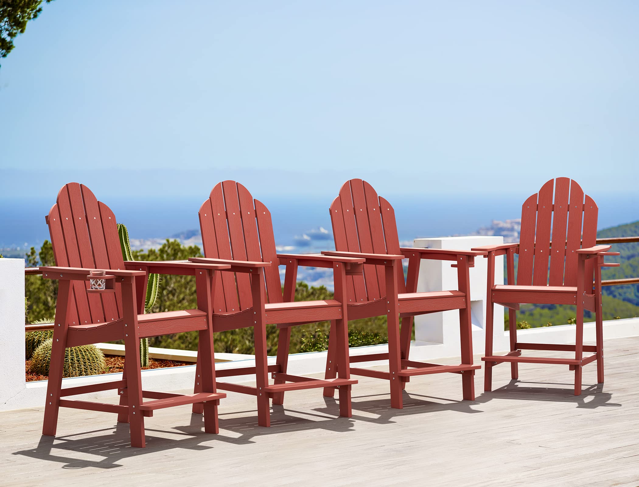 LUE BONA 4-Piece Tall Adirondack Chair Set - Recycled Polyethylene Outdoor Bar Stools with Cup Holders (25.6