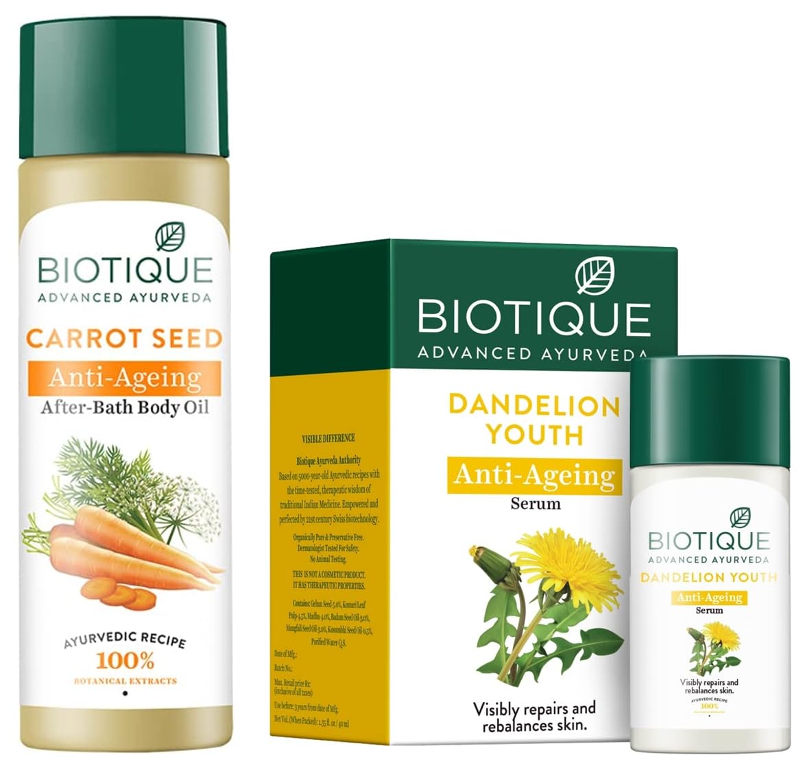 Biotique Bio Dandelion Visibly Ageless Serum 40ml & Bio Carrot Seed Anti-Aging Body Oil 120ml - Organic Skincare Set for Wrinkles & Youthful Glow | Perfect for Night Routine & Post-Shower Hydration