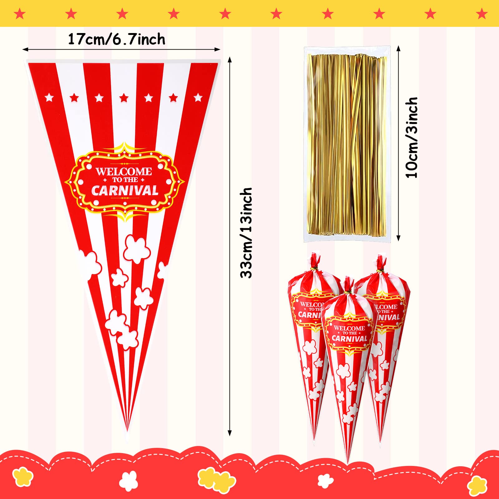 120 Pcs Carnival Party Bags - Red & White Cone Shaped Goody Bags with Gold Twisted Ties for Candy, Popcorn & Party Favors | Perfect for Circus Themed Decorations, Birthday Parties & Carnival Events