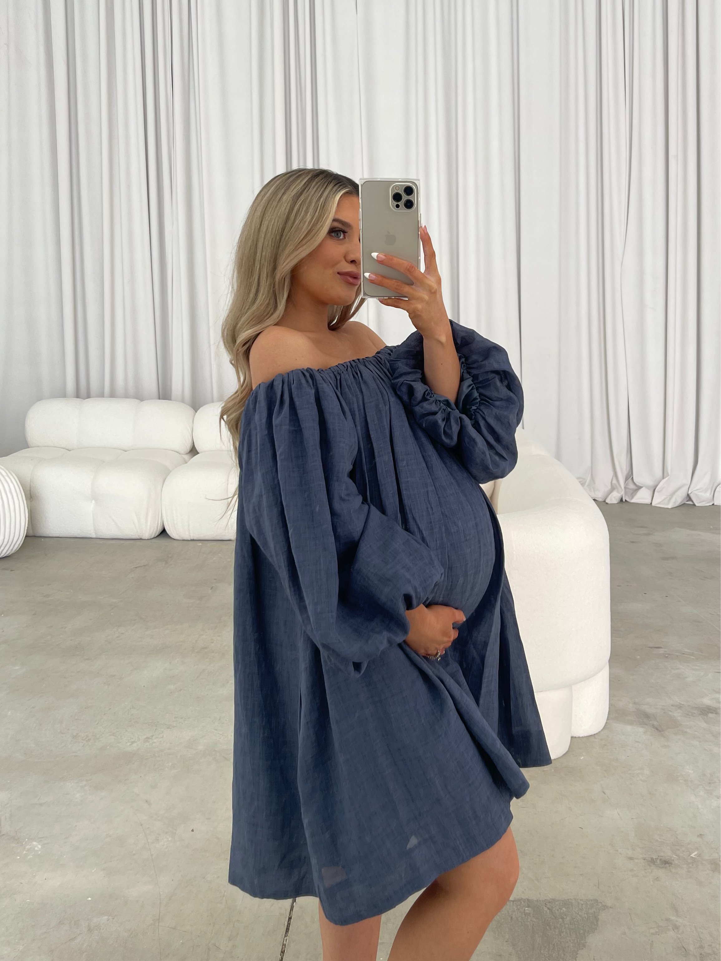 Cassidy 100% Linen Off Shoulder Mini Dress - Denim Blue Summer Dress for Women | Beach Cover Up, Vacation Outfit, Boho Chic Fashion