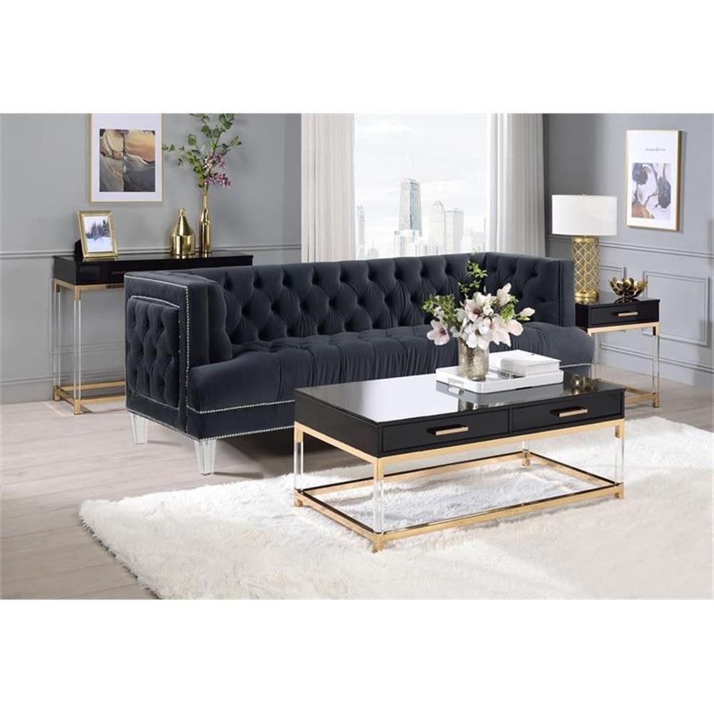 Acme Adiel Rectangular Wooden End Table with Storage Drawer - Black & Gold Nightstand for Bedroom, Living Room & Office