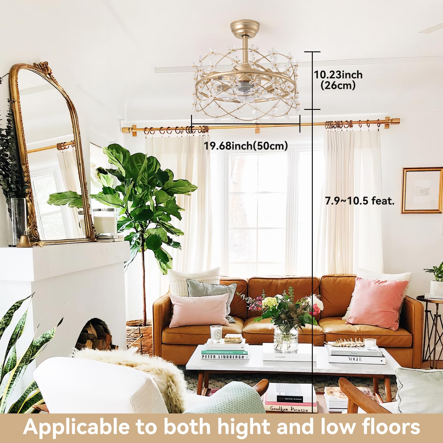 20 Inch Gold Caged Ceiling Fan with Light and Remote Control - Modern Crystal Flower Chandelier Fan with 6 Speed Settings - Perfect for Girls Bedroom, Living Room, Nursery and Home Decor