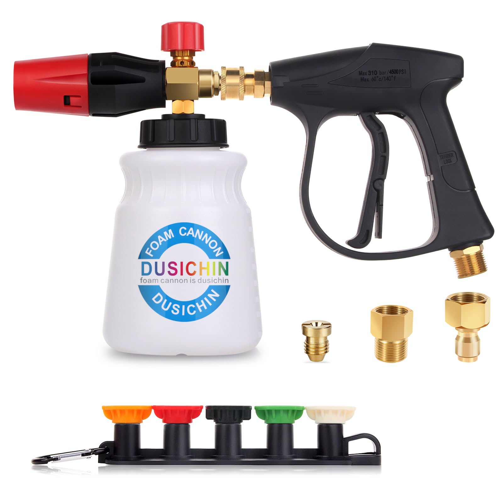 **DUSICHIN Foam Cannon for Pressure Washer - 1L Wide Neck Soap Sprayer with 5 Nozzle Tips & 1.04mm Orifice for Car Washing, Detailing, and Home Cleaning**    *(Use Cases: Perfect for washing cars, trucks, motorcycles, RVs, boats, and outdoor cleaning like patios, driveways, and siding.)*