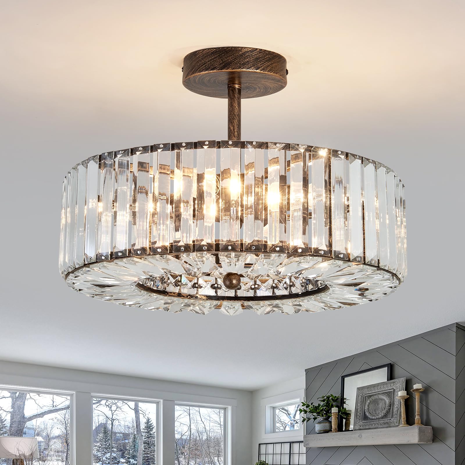 4-Light Modern Crystal Chandelier - Oil Rubbed Bronze Round Semi-Flush Mount Ceiling Light Fixture - Farmhouse Style Lighting for Dining Room, Living Room, Bedroom, Hallway, Entryway & Kitchen - Perfect for Home Decor, Wedding Venues and Restaurant Ambiance