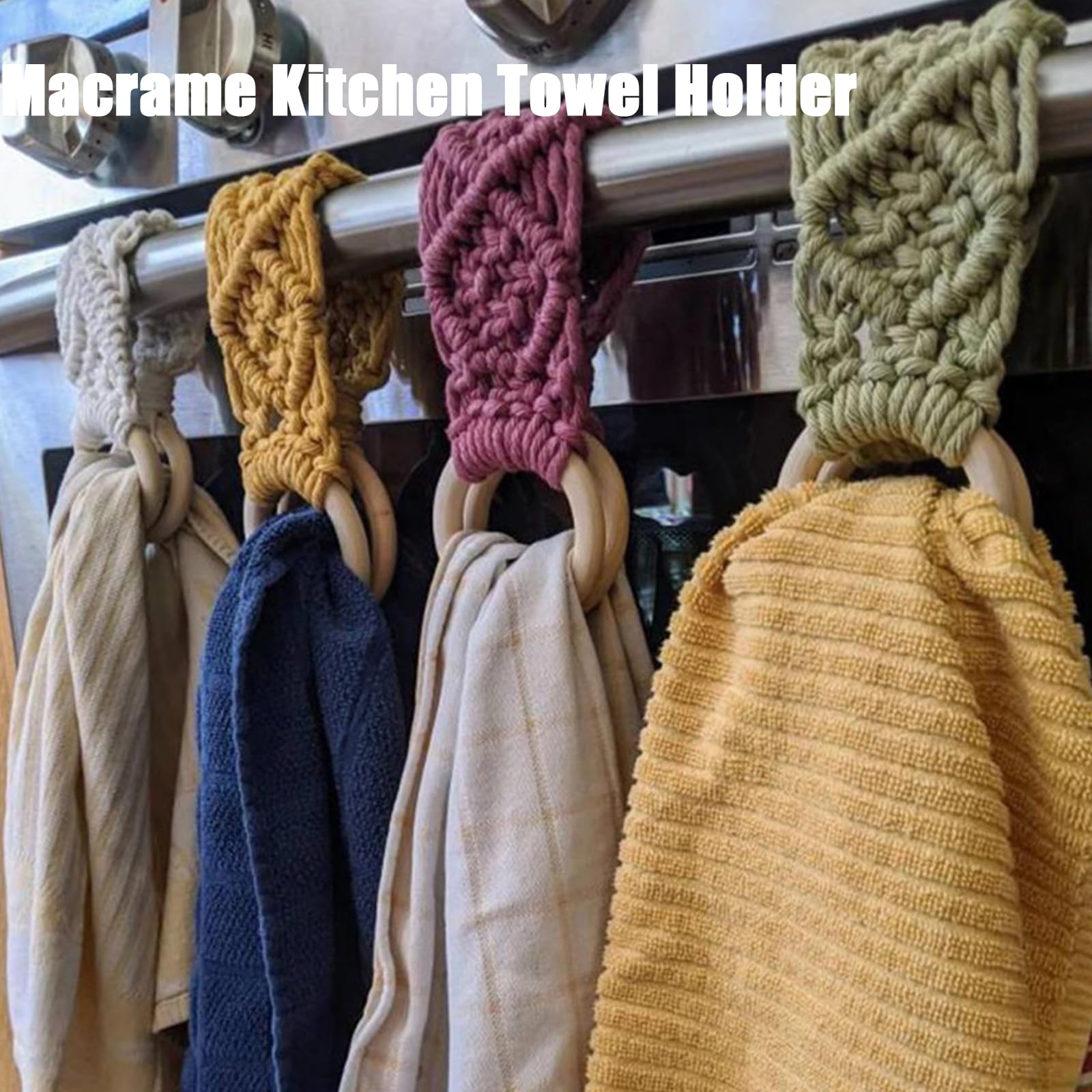 Macrame Kitchen Towel Holder - Handmade Boho Wall Hanging for Dish Towels & Decor (Khaki, 2 Pack) - Perfect for Farmhouse, Rustic & Bohemian Style Kitchens