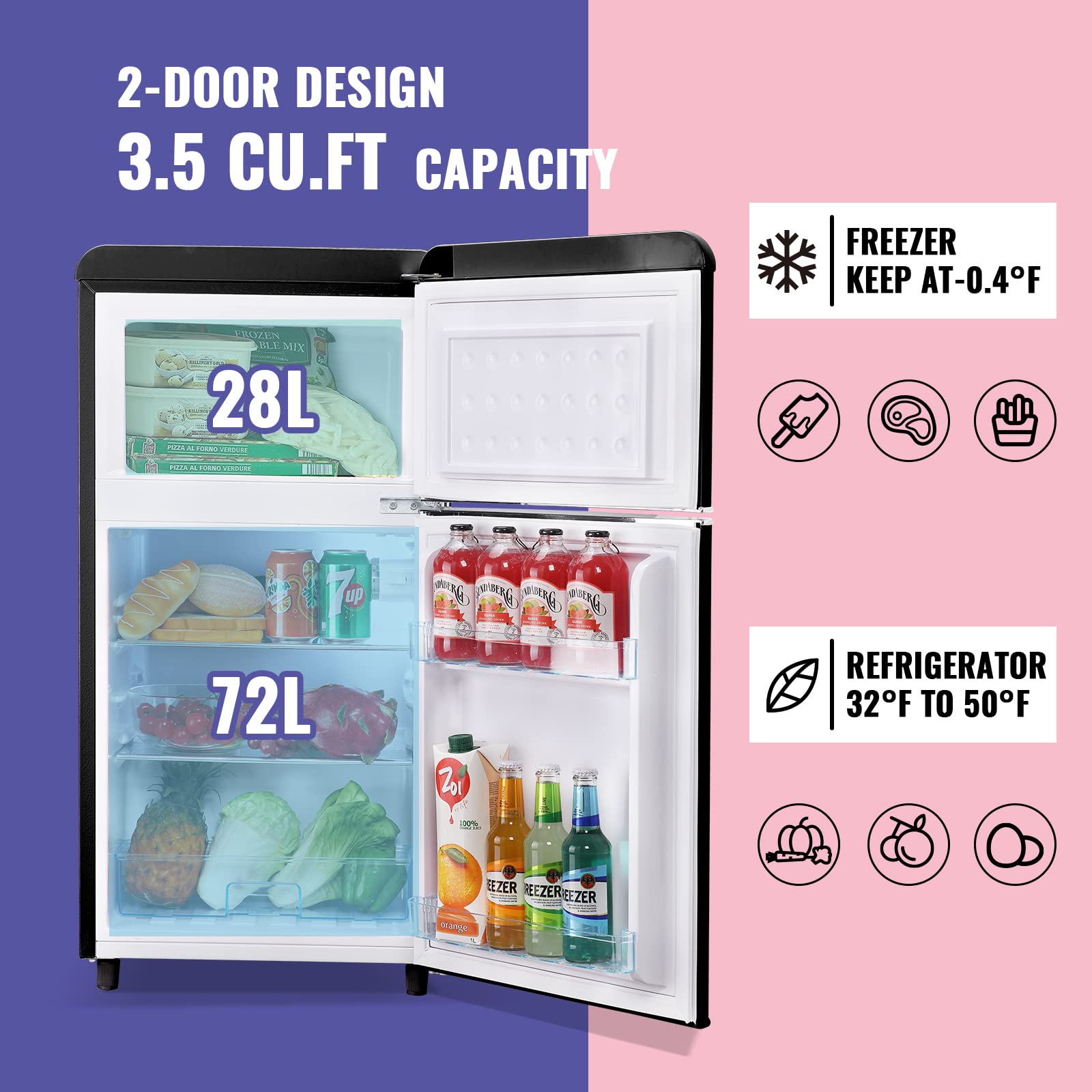 3.5 Cu.Ft Mini Refrigerator with Dual Door & Adjustable Temperature - Top Mount Freezer Compact Fridge for Home, Office, Dorm - Perfect for Small Spaces, Bedrooms & Apartments (Black)