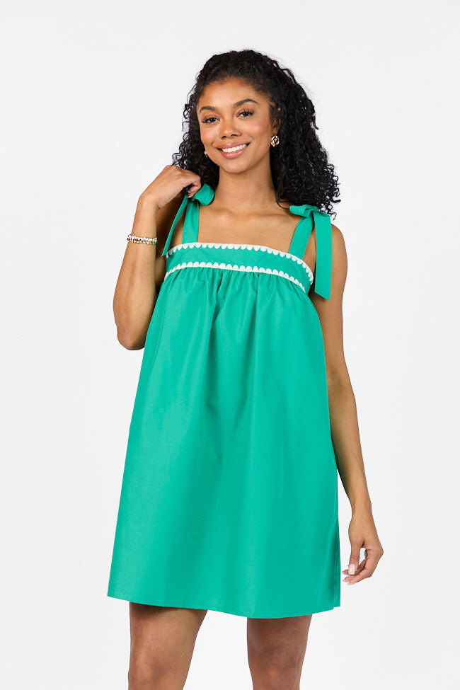 Better This Way Green Tie Shoulder Stitched Trim Mini Dress - Women's Summer Party Cocktail Dress for Date Night & Special Occasions
