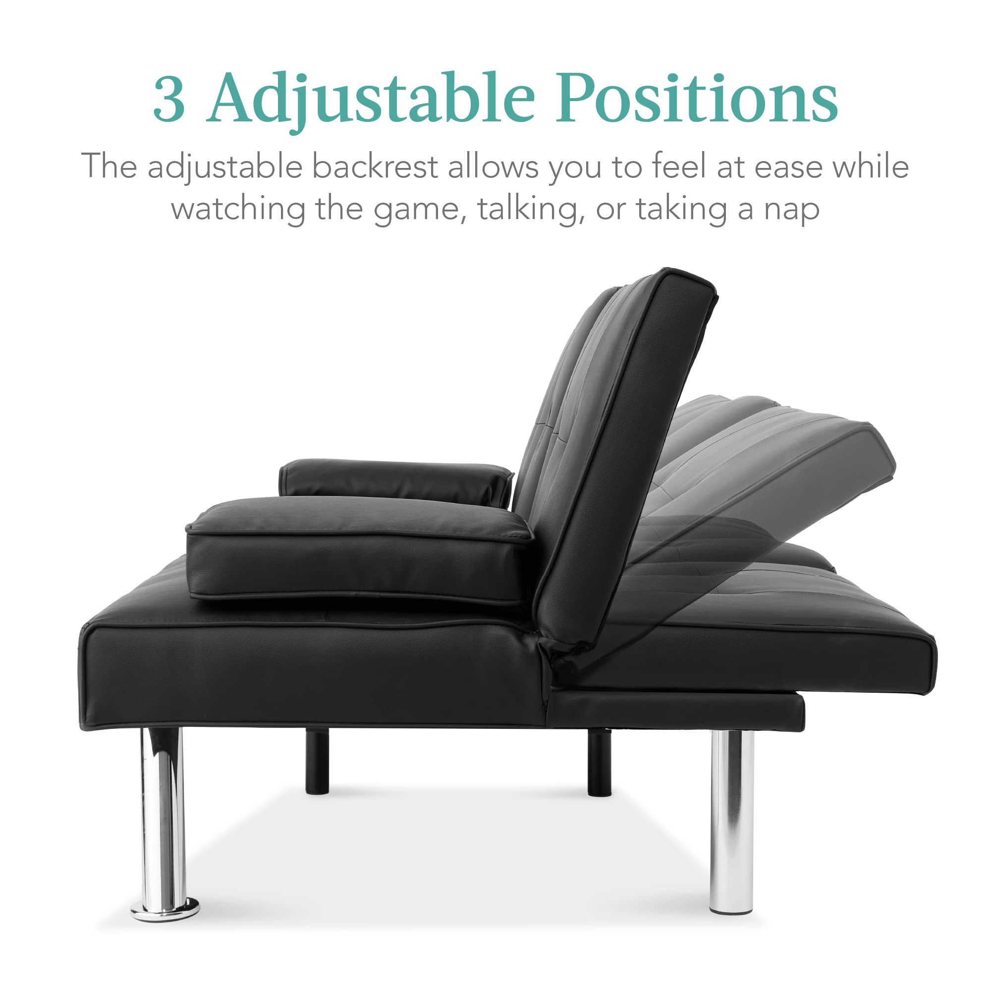 Best Choice Products Faux Leather Convertible Futon Sofa Bed - Adjustable Folding Guest Bed with Removable Armrests - Modern Upholstered Sleeper for Small Spaces, Apartments & Home Office - Black