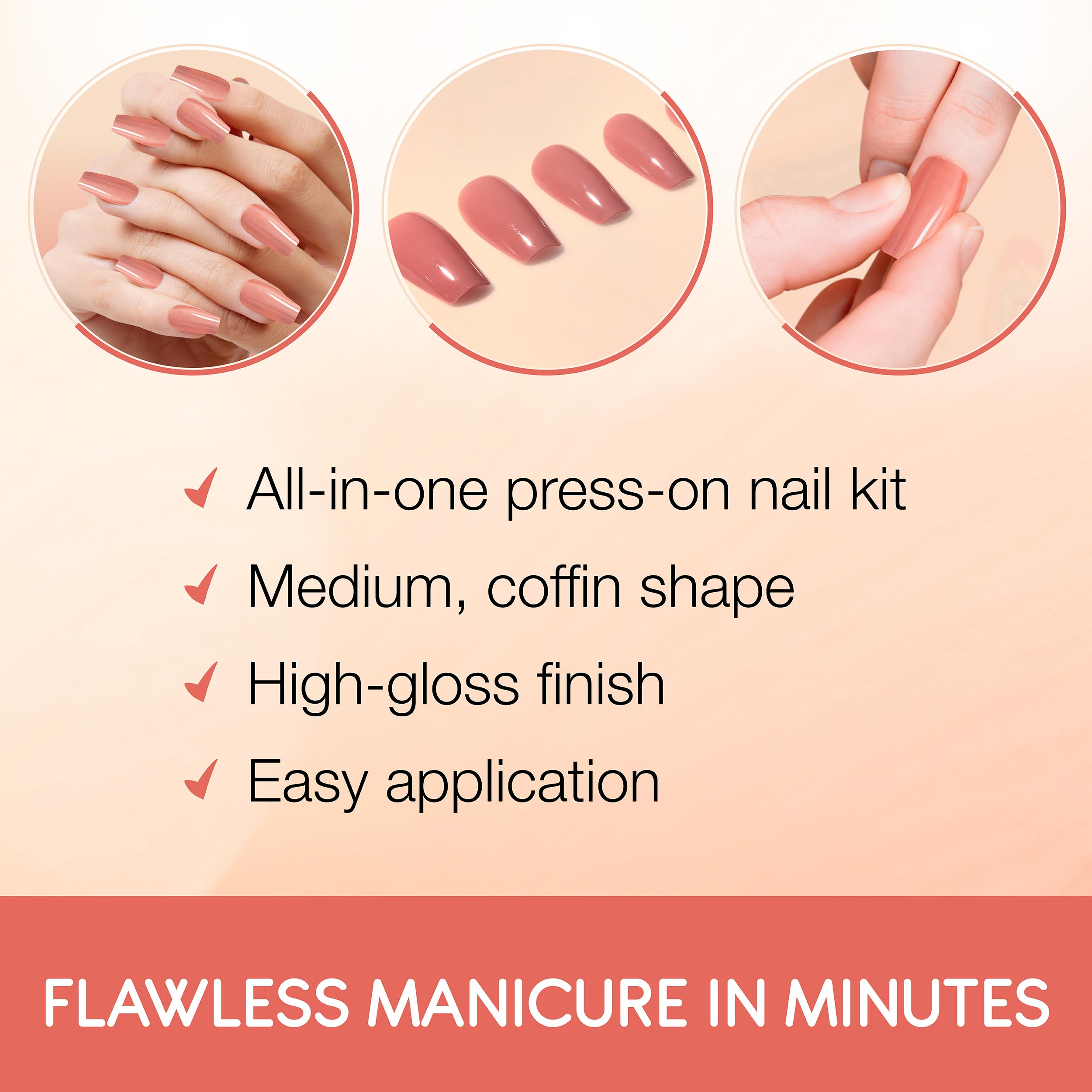 Ardell Nail Addict Naked Maven Press On Nails - Medium Coffin Shape Fake Nails Kit (24 Count) for Women - Easy DIY Salon-Quality Manicure at Home, Perfect for Parties, Weddings & Special Occasions