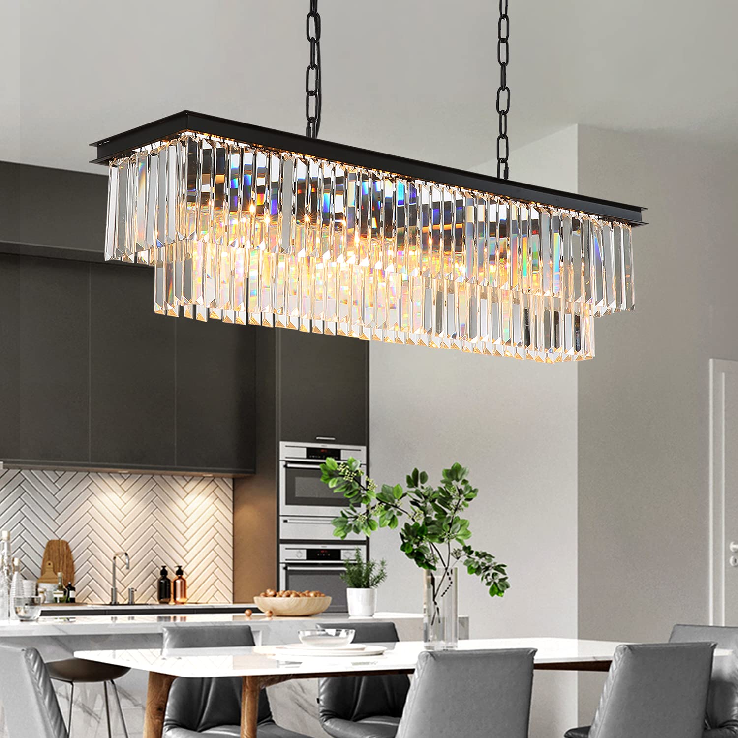 7PM 40 Inch Modern Farmhouse Chandelier - Dimmable Industrial Rectangular Hanging Light for Dining Room, Kitchen Island, Living Room & Bedroom Lighting