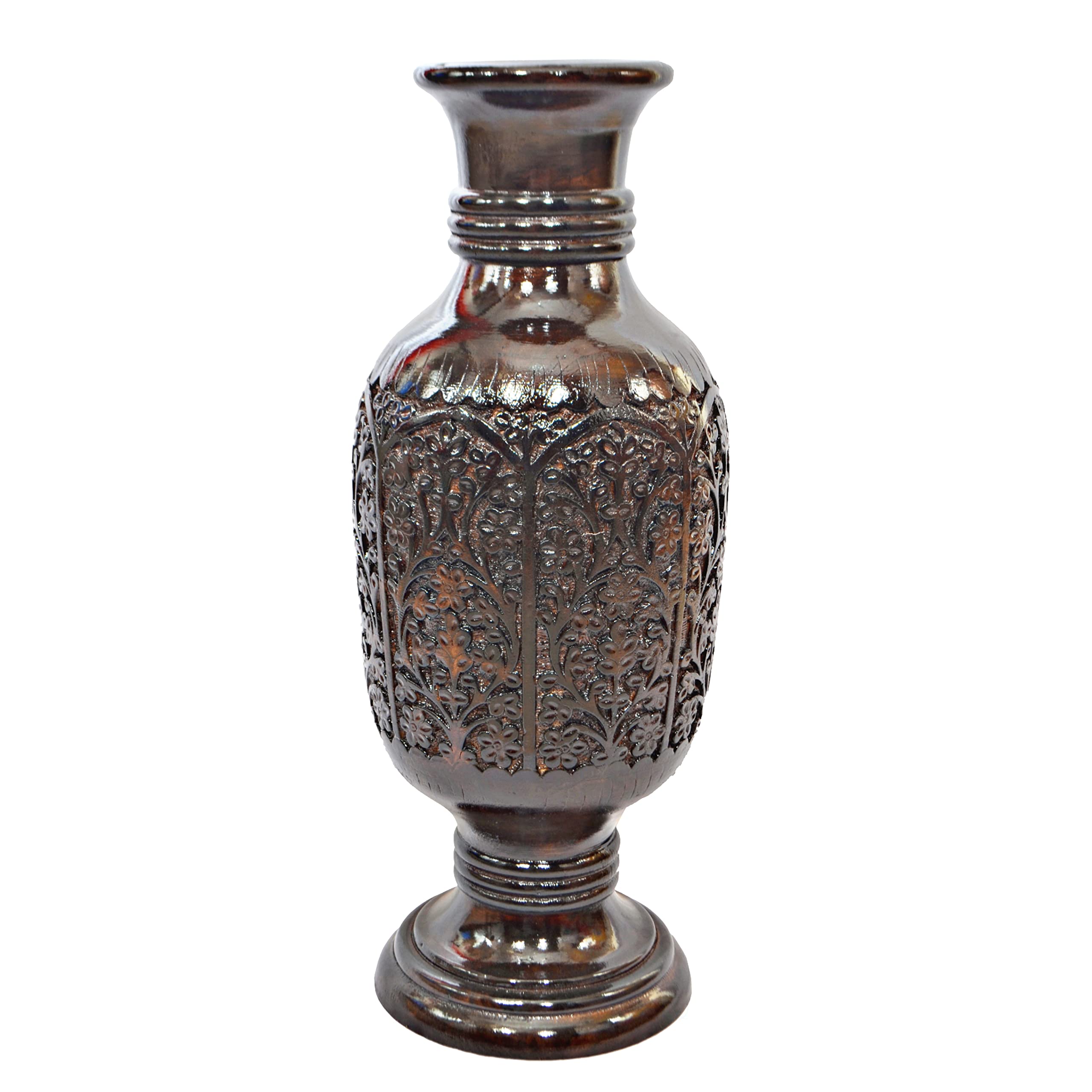 Antique Decorative Hand Carved Brown Mango Wood Table Flower Vase with Unique Textured Pattern - 24 Inch Tall Home Decor Centerpiece for Living Room, Dining Table, Wedding Decor (QI004008)