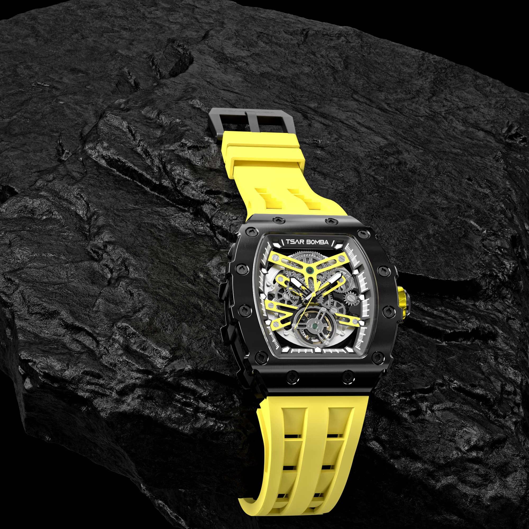 Premium Automatic Skeleton Mechanical Men's Watch - Carbon Fiber Bezel, 50M Waterproof, Silver Luxury Wristwatch with Silicone Strap | Stylish Dress Watch for Business, Formal Events & Everyday Wear