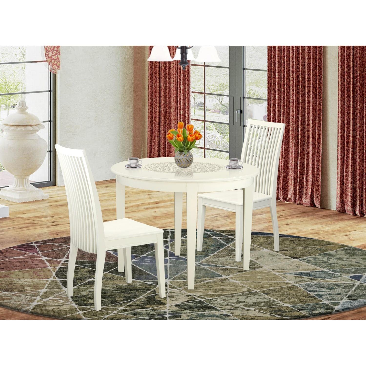 East West Furniture BOIP3-LWH-W 3-Piece Round Kitchen Table Set with 2 Chairs for Small Spaces, 42x42 Inch, Linen White - Perfect for Apartments, Breakfast Nooks & Cozy Dining Areas