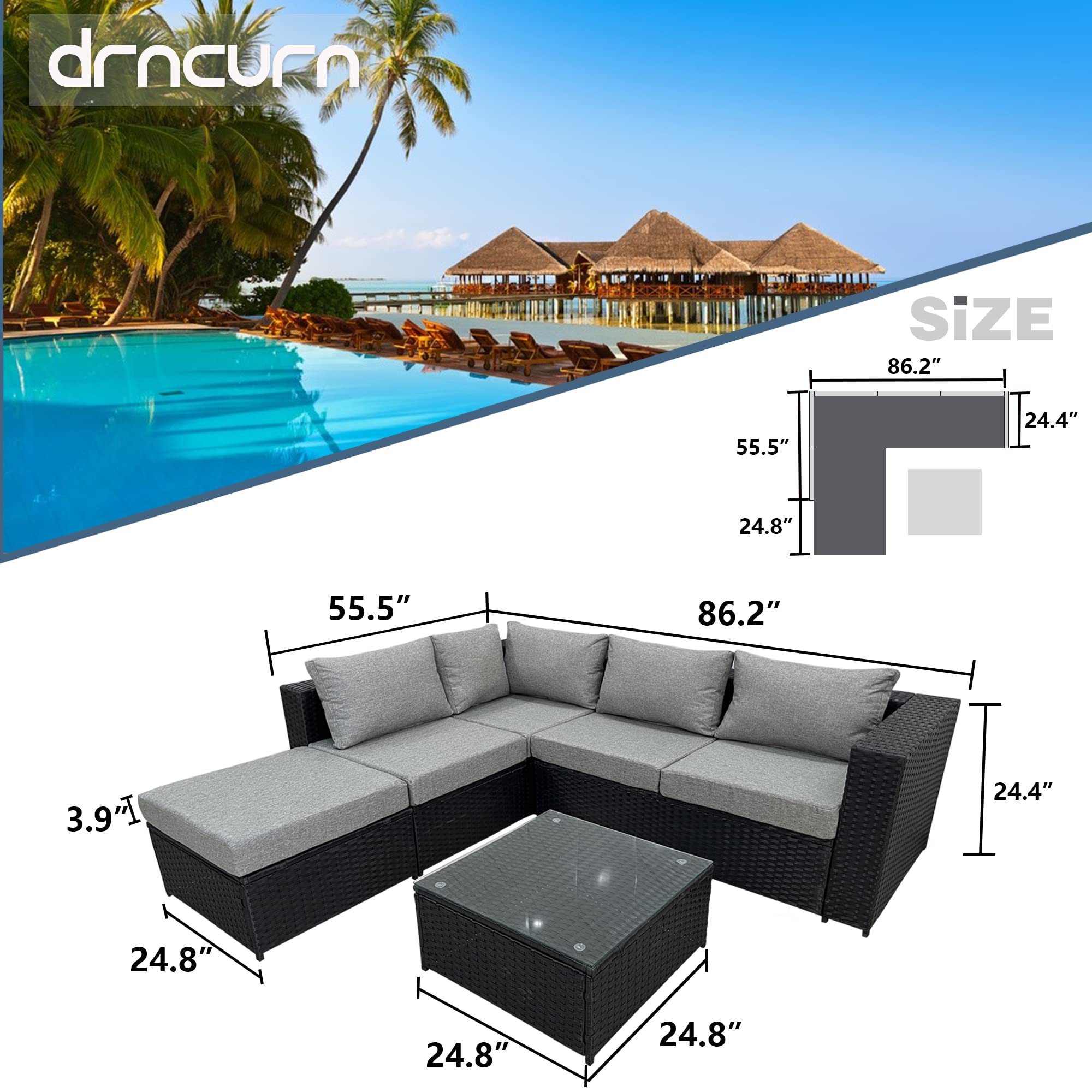 All-Weather Outdoor Sectional Sofa Set - PE Rattan Patio Furniture with Cushions & Coffee Table (Grey) - Perfect for Backyard, Poolside & Garden Relaxation