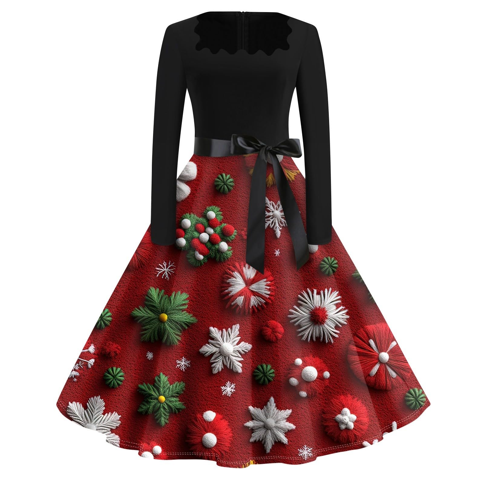 SGASY Women's Christmas Party Dress 2024 - Elegant High Waist Tea-Length Swing Dress with Long Sleeves for Holiday Gatherings, Cocktail Parties & Festive Occasions