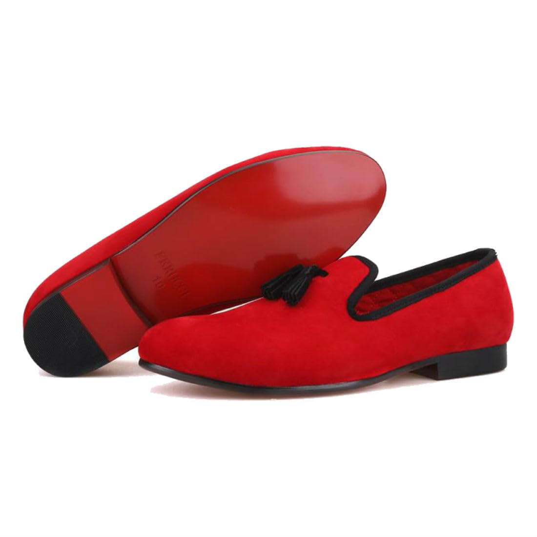 FERUCCI Women's Red Velvet Loafers with Black Tassel - Elegant Slip-On Shoes for Wedding, Prom, Bridal Party & Special Occasions - Comfortable House Slippers for Indoor/Outdoor Wear
