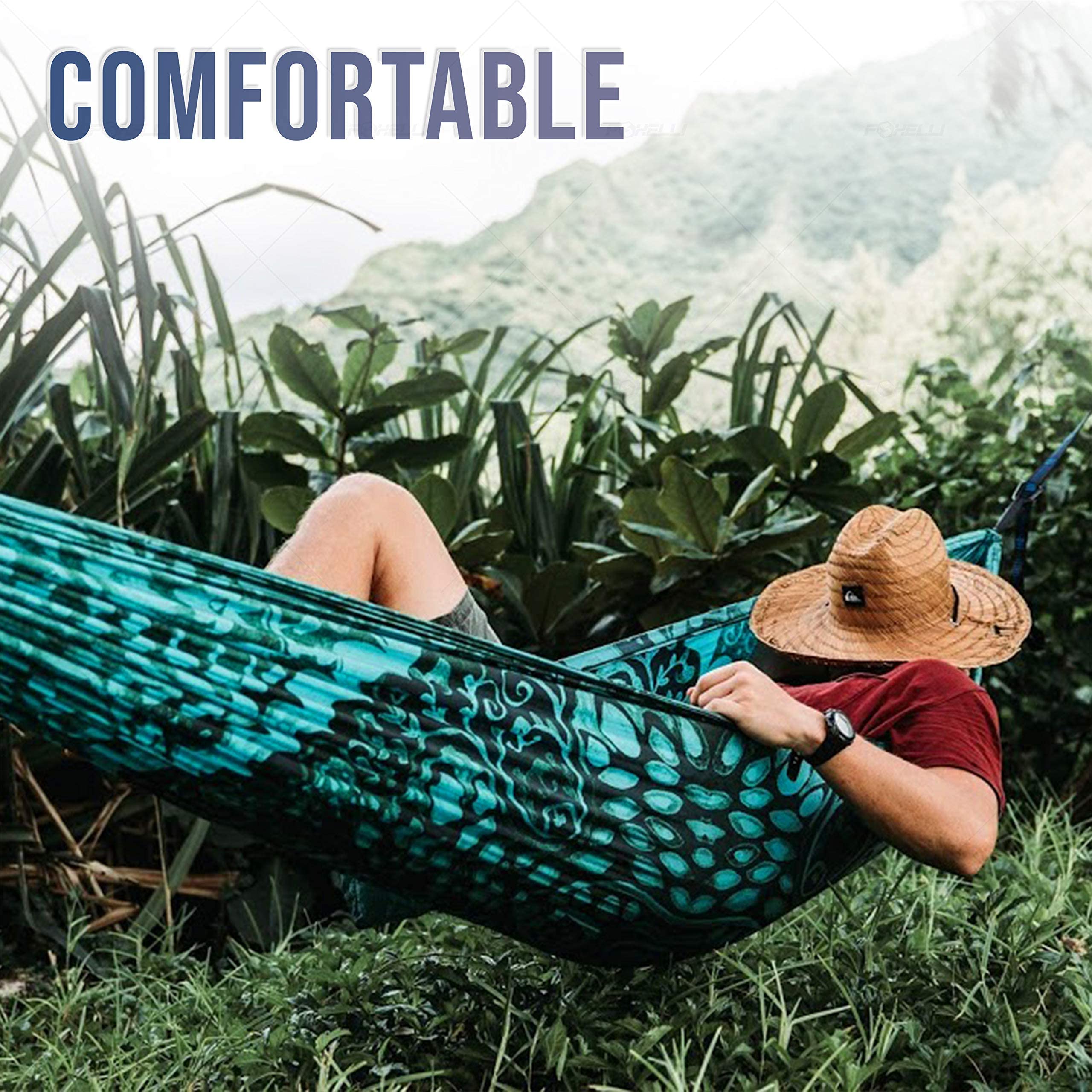 Foxelli Camping Hammock Set with Rain Tarp, XL Tree Straps & Mosquito Net - Portable Lightweight Hammock for Backpacking, Hiking & Outdoor Adventures - Perfect for Camping, Beach & Backyard Relaxation