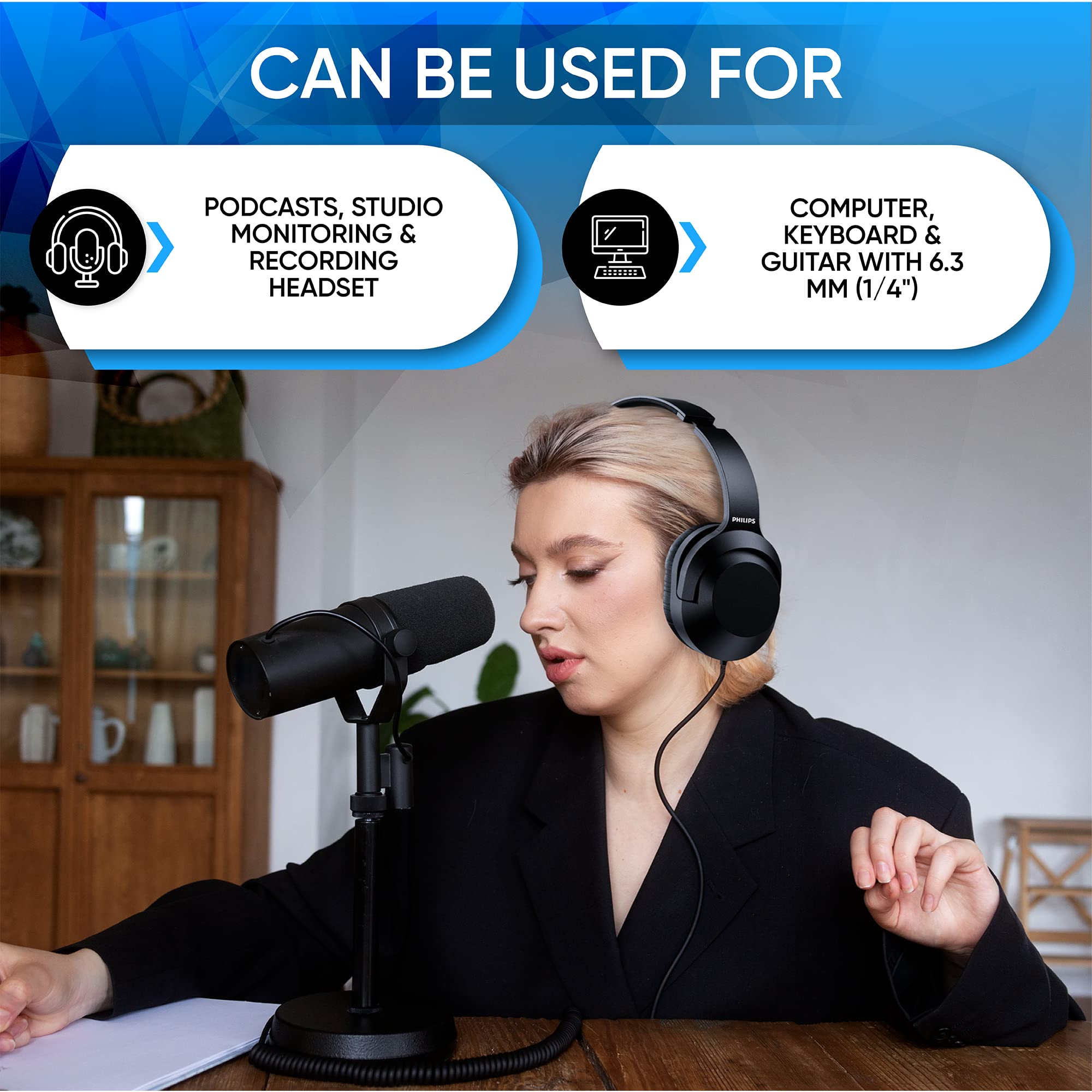 Philips Over-Ear Wired Stereo Headphones with 6.3mm Adapter - Professional Studio Monitoring Headset for Podcasting, Recording, Computer, Keyboard & Guitar - Perfect for Home Studios & Music Production