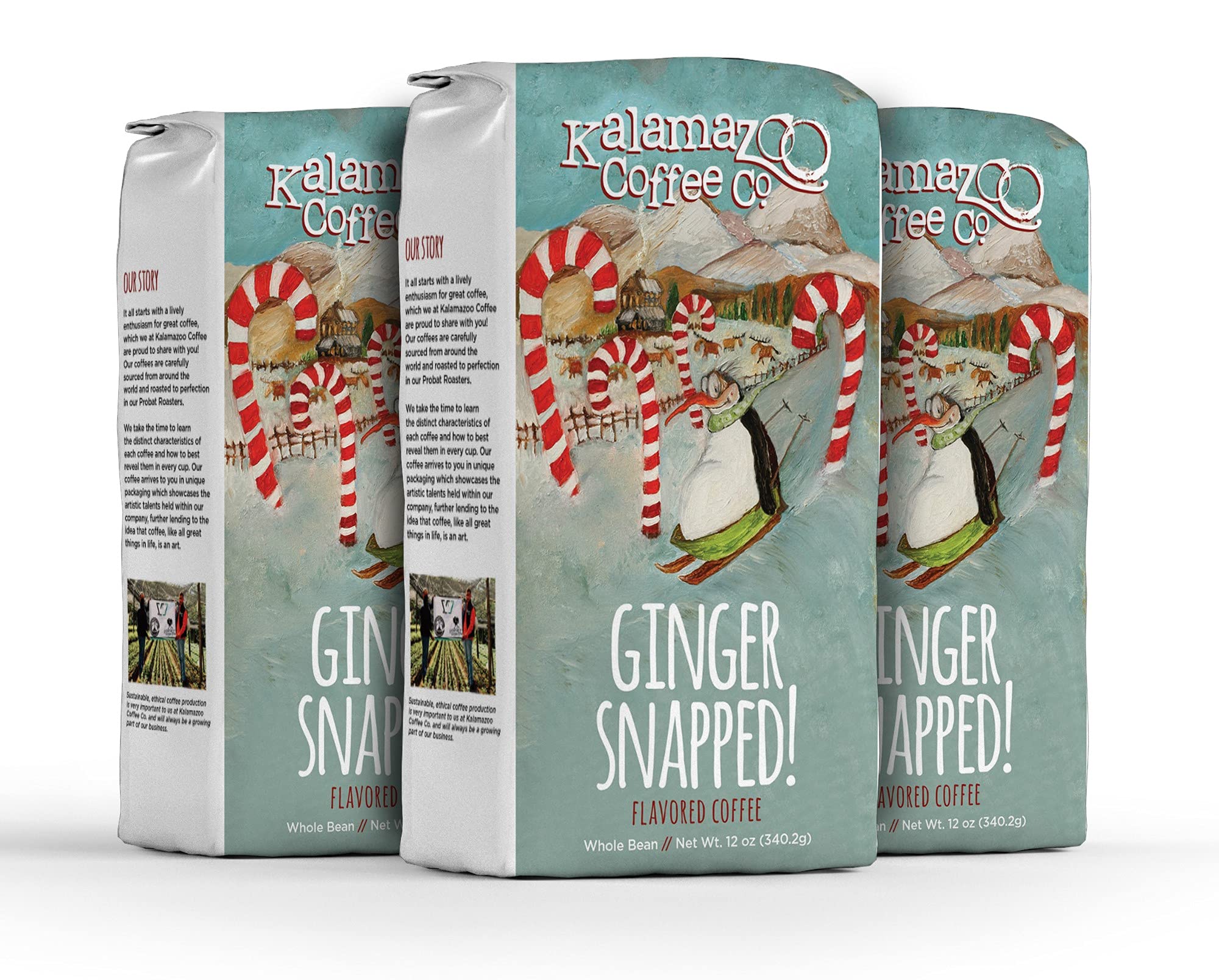 KALAMAZOO Ginger Snapped Whole Bean Coffee - Holiday Flavor 12oz (3 Pack) for Gifting & Celebrations