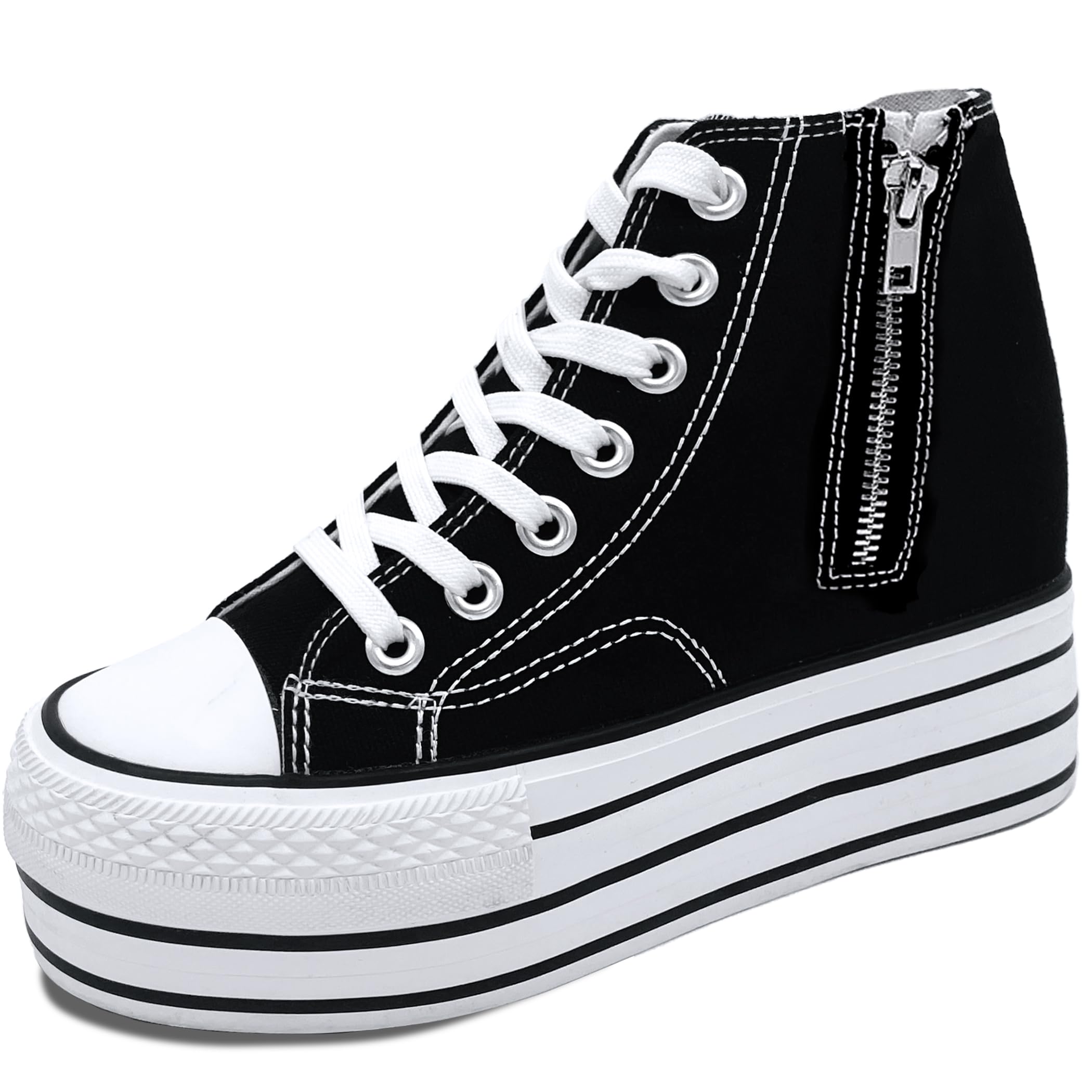 Women's Fashion Platform Sneakers - 4 Inch Hidden Wedge High Top Canvas Shoes for Height Increase, White & Black Casual Wear (Ideal for Daily Outfits, Parties & Street Style)