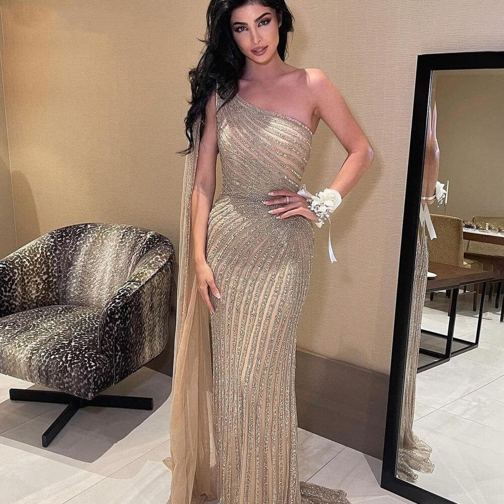 Serene Hill Caramel Mermaid Sexy High Slit Cape Sleeve Beaded Luxury Evening Gown for Women - Perfect for Weddings, Galas & Formal Parties in 2025 | LA71708