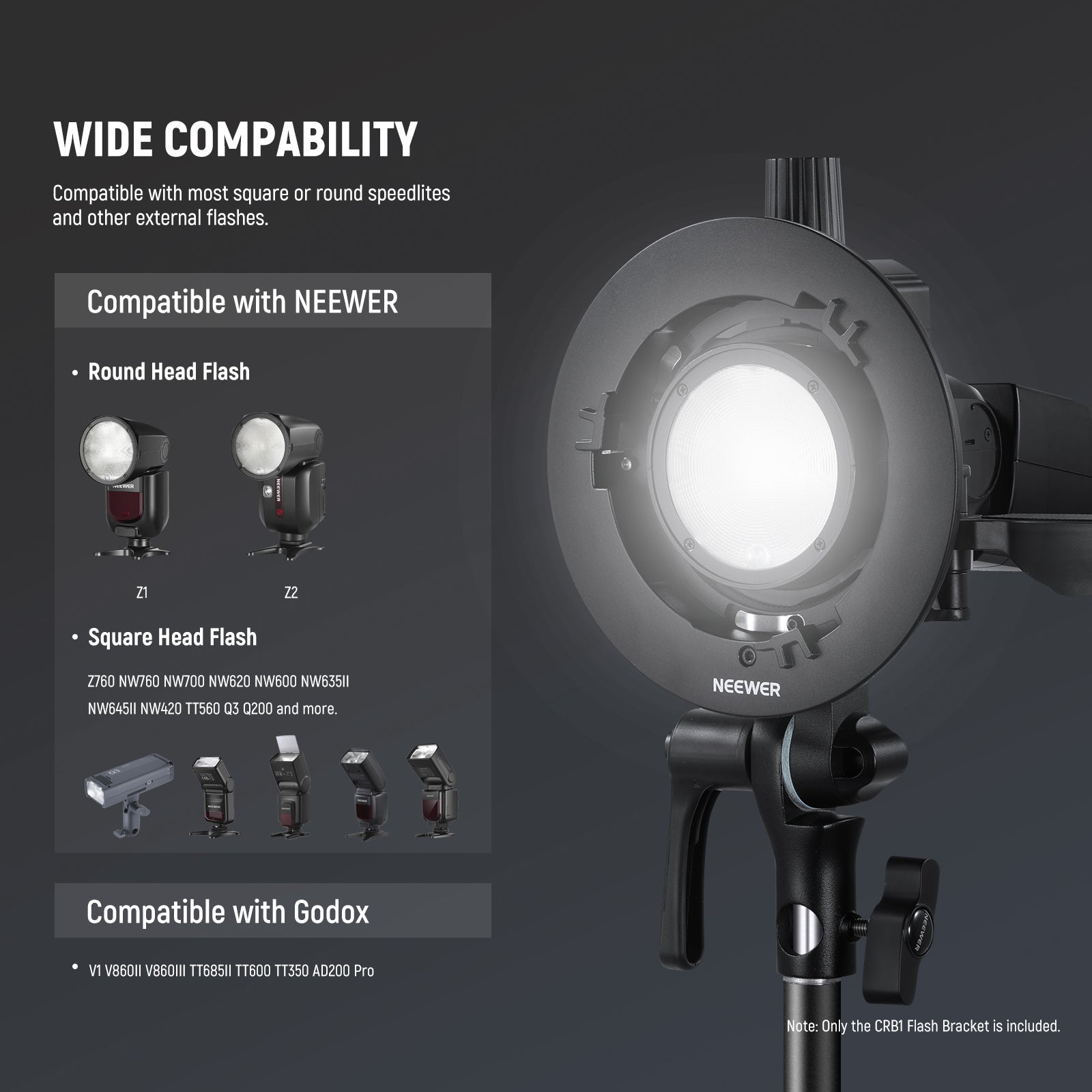 NEEWER CRB1 S-Type Bowens Mount Bracket Holder for Round & Square Flash Heads - Perfect for Studio Photography & On-Location Lighting Setups