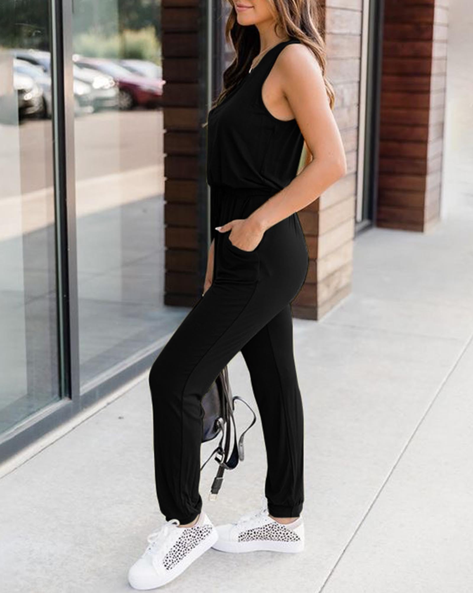 KIRUNDO Women's 2025 Summer Jumpsuit - Sleeveless Casual Romper with Drawstring Elastic Waist & Pockets - Perfect for Beach, Vacation, and Lounge Wear