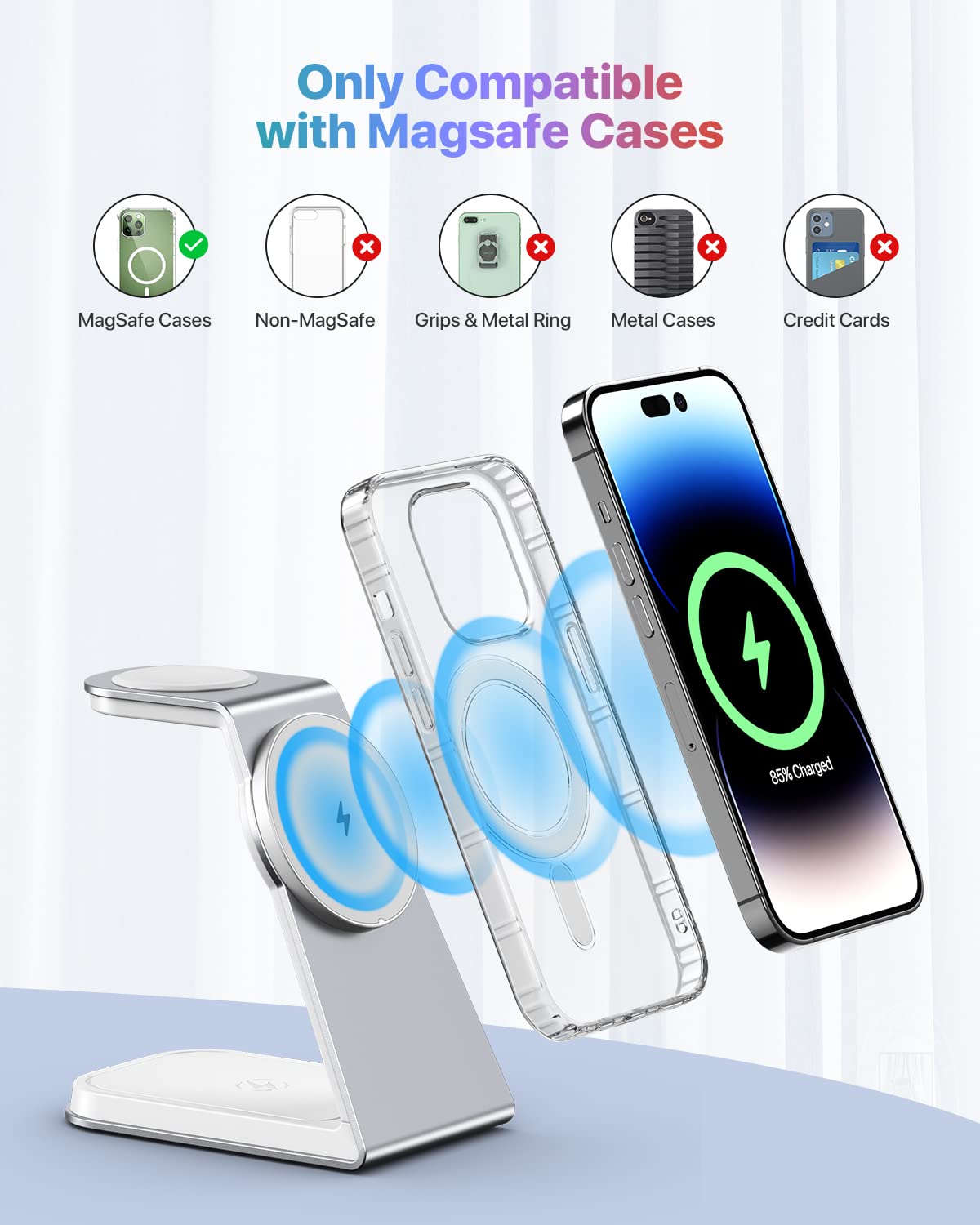 3 in 1 Magnetic Wireless Charging Station for iPhone 16/15/14/13 Series - 15W Fast MagSafe Charger Stand with Aluminum Alloy Base - Compatible with Apple Watch Series & AirPods 3/2/Pro - Perfect for Bedside, Office & Travel Charging