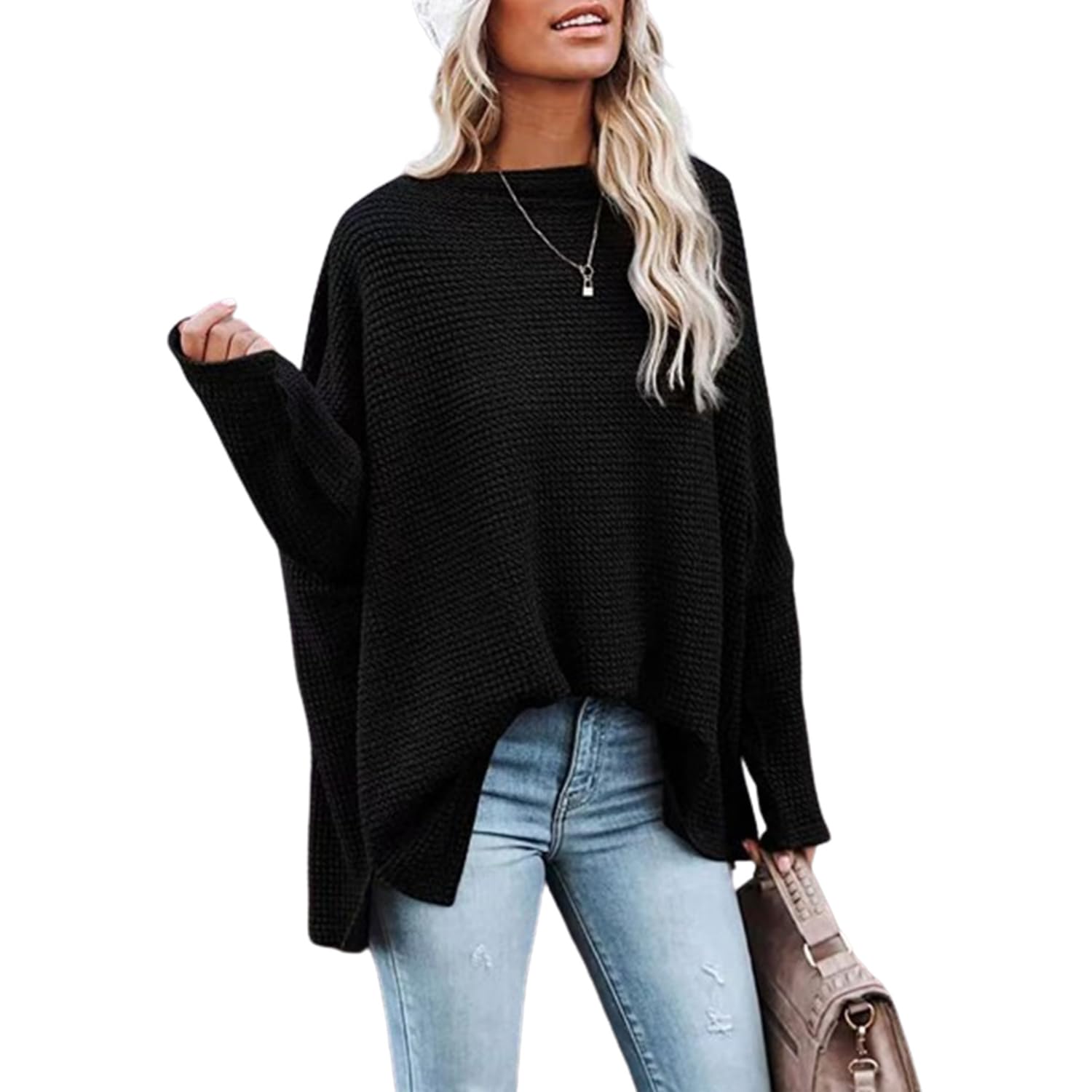 Lightweight Hollow Out Batwing Sleeve Waffle Knit Pullover - Women's Off Shoulder Sweater Long Sleeve Shirt | Casual Fall Layering & Boho Chic Outfits