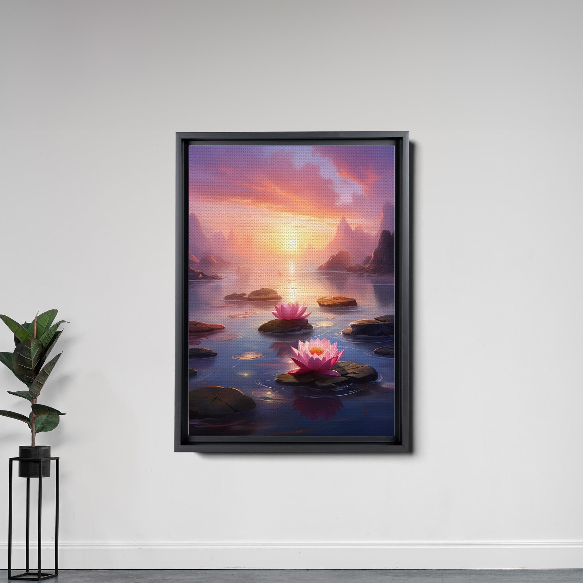 Zen Wall Art Decor - Framed Canvas Print of Peaceful Zen Garden with Stone Flower & Sunset Meditation Scene - Perfect for Yoga Studios, Home Decor & Mindfulness Spaces