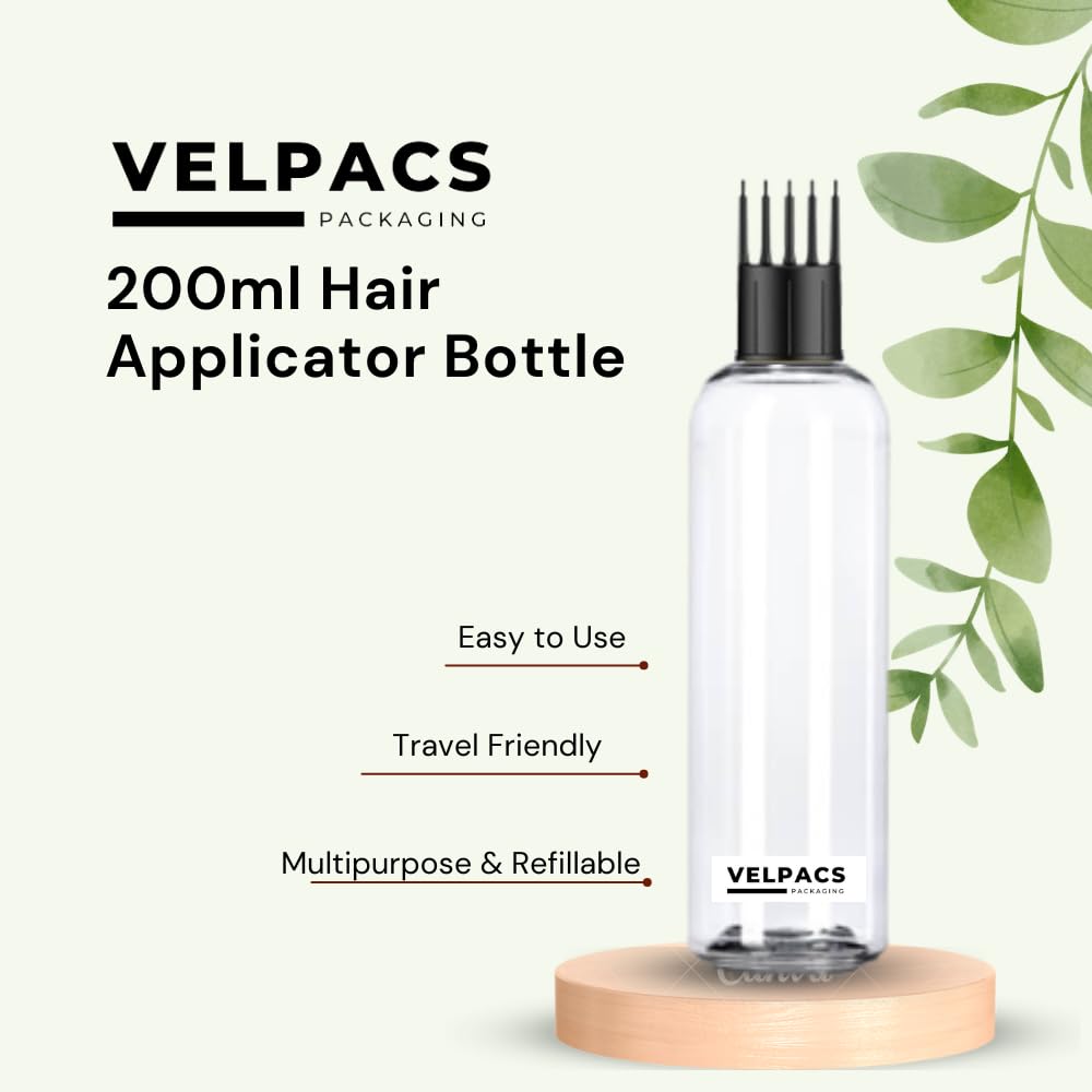 VELPACS 200ml Empty Plastic Bottle for Hair Oil, Rosemary Tea, Hair Color & Shampoo | Travel-Friendly Hair Root Applicator with Comb Head | Perfect for DIY Hair Treatments & On-the-Go Use (Pack of 3)