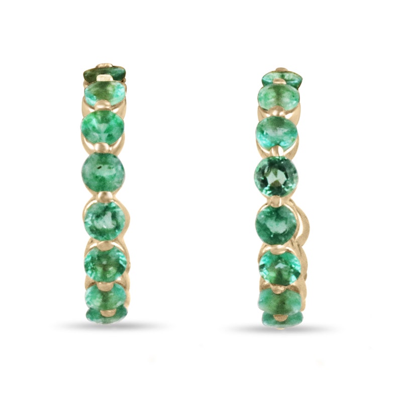 1.50tcw 14K Gold Medium Green Round Cut Emerald Prong Set Half Hoop Huggie Earrings for Women - Elegant Everyday Jewelry Gift for Her, Perfect for Parties, Weddings & Special Occasions