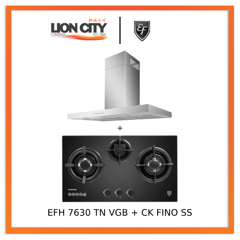 EF 90cm Stainless Steel Chimney Hood CK Fino + EFH 7630 TN VGB Glass Hob - Modern Kitchen Ventilation System for Home Cooking & Baking