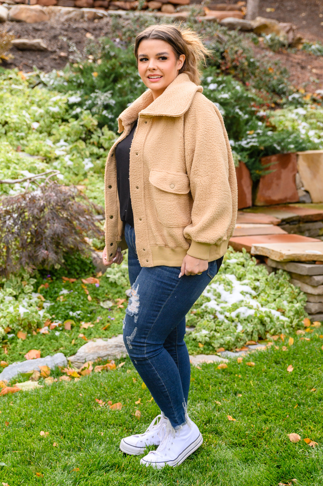 Oversized Collar Sherpa Jacket in Taupe - Cozy Winter Outerwear for Women | Perfect for Casual Outings & Cold Weather