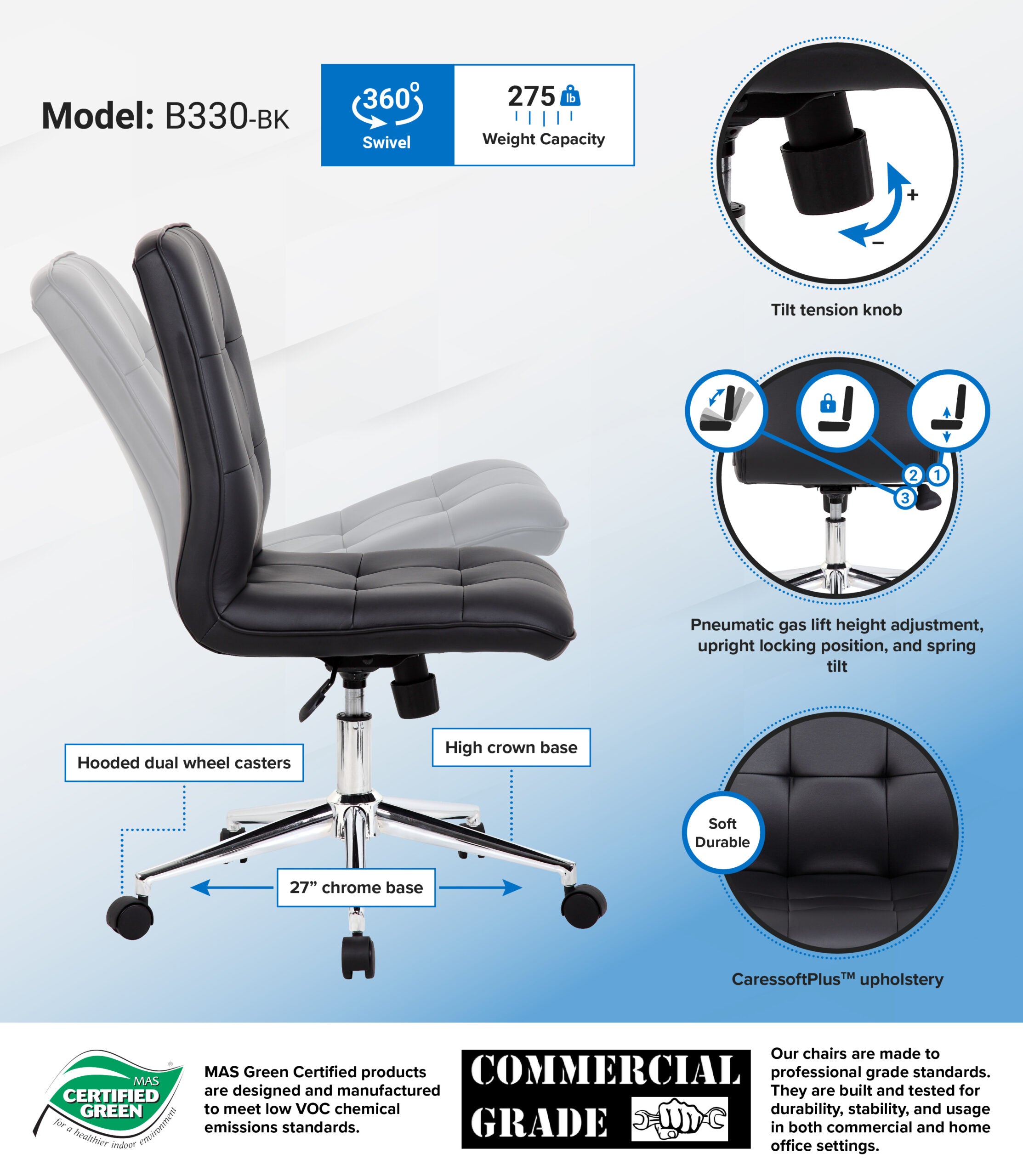 Boss Millennial Modern Home Office Chair - Vinyl Upholstered Ergonomic Desk Chair Models B330, B331, B330PM - Perfect for Remote Work & Gaming Setup