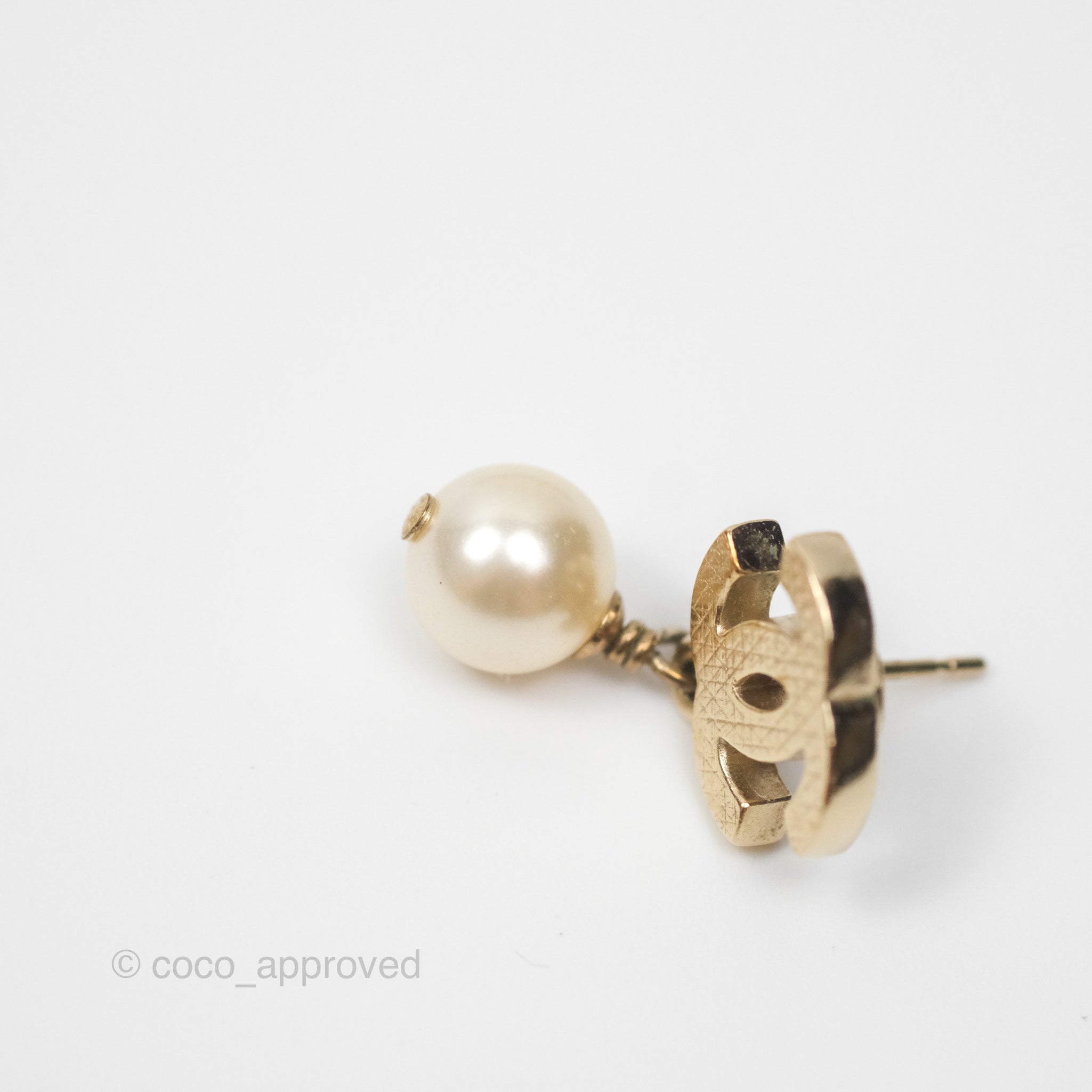 Chanel CC Pearl Drop Earrings - Gold Tone 12W Elegant Fashion Jewelry for Women | Perfect for Parties, Weddings & Special Occasions