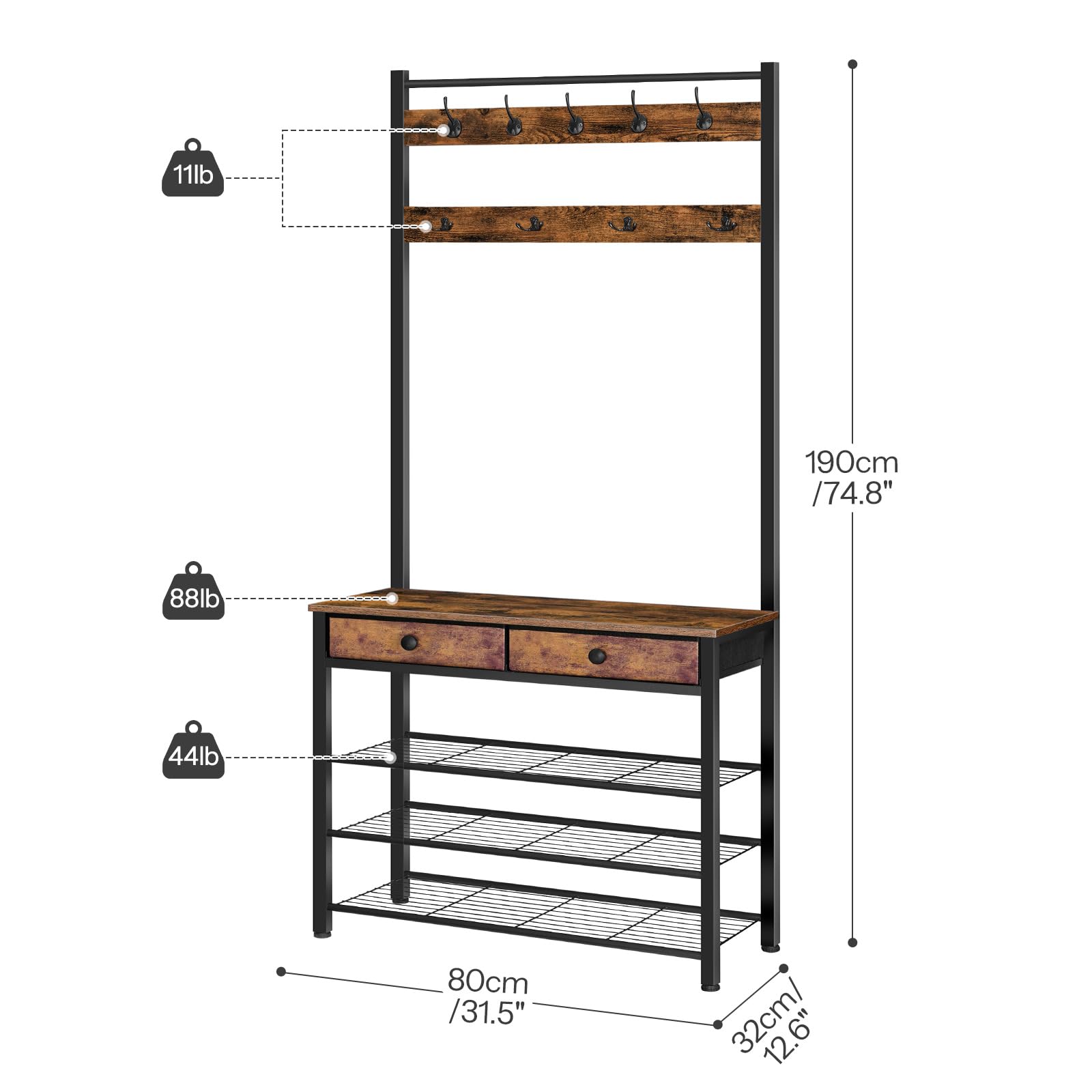 HOOBRO Hall Tree with Bench - Rustic Brown & Black Entryway Coat Rack, Shoe Storage Organizer with 4 Tiers, 9 Hooks & 2 Fabric Drawers - Perfect for Mudroom, Foyer or Small Space Organization
