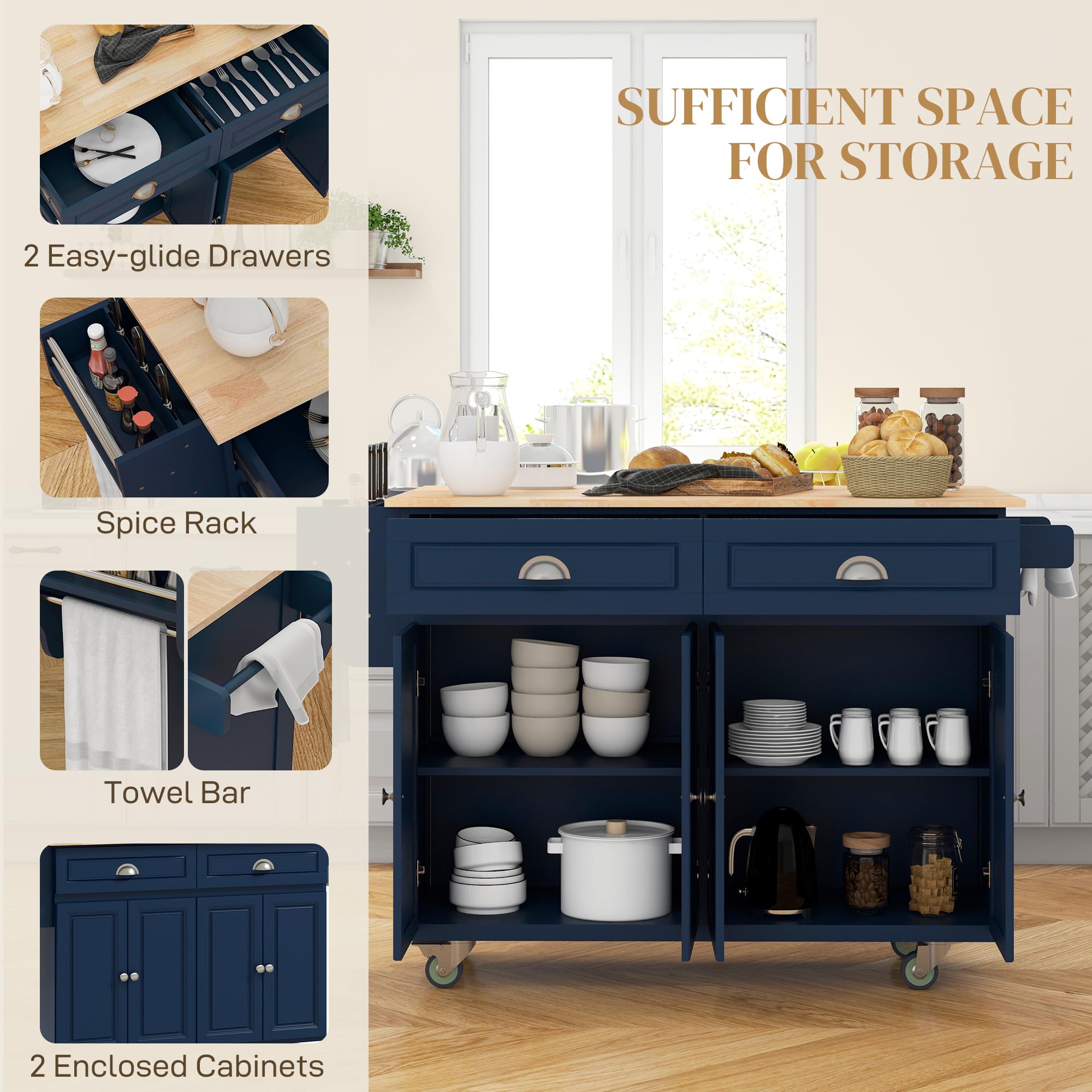 HOMCOM Rolling Kitchen Island Cart with Drop Leaf - Mobile Kitchen Cart with Rubber Wood Top, 2 Drawers & 2 Storage Cabinets - Kitchen & Dining Room Organizer in Dark Blue | Perfect for Small Spaces, Food Prep, and Extra Counter Space