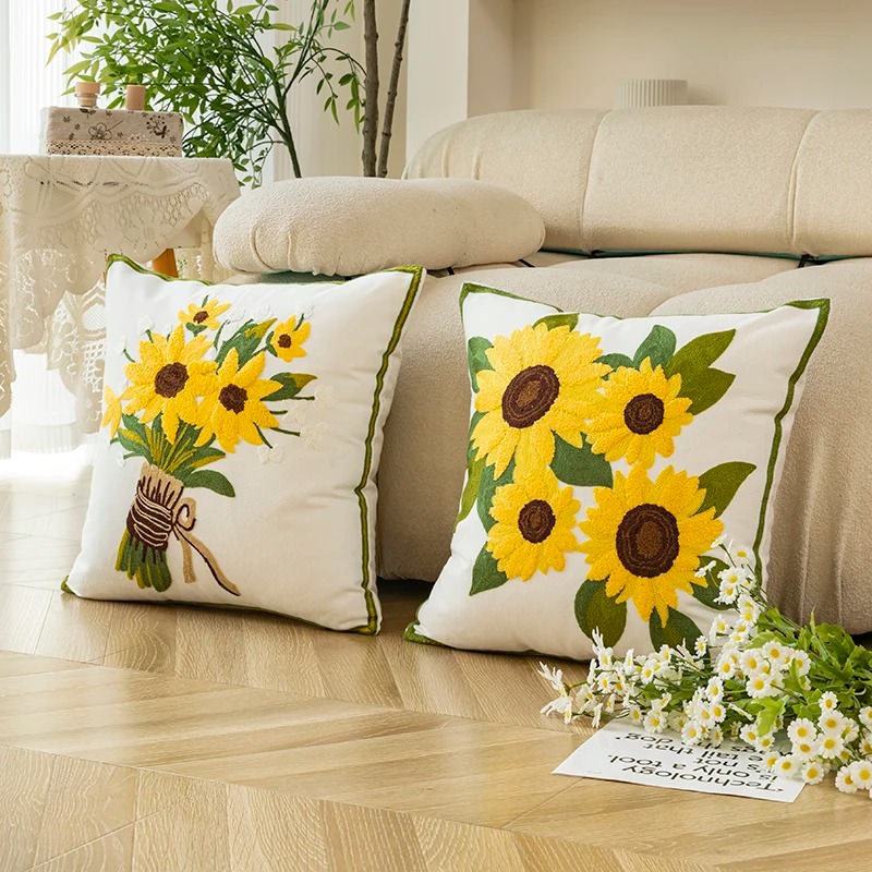 Sunflower Embroidered Cushion Cover - Boho Home Decor Pillow Case for Living Room, Bedroom, and Sofa - Perfect for Farmhouse, Aesthetic, and Cozy Home Styling