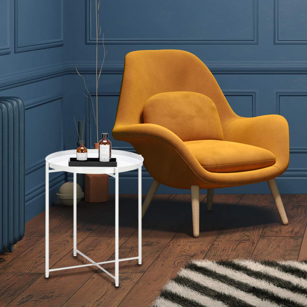 FVLFIL Metal Side Table - Small Round End Table with Waterproof Tray for Indoor & Outdoor Use - Perfect for Living Room, Bedroom, Patio, or Garden as Coffee Table or Nightstand