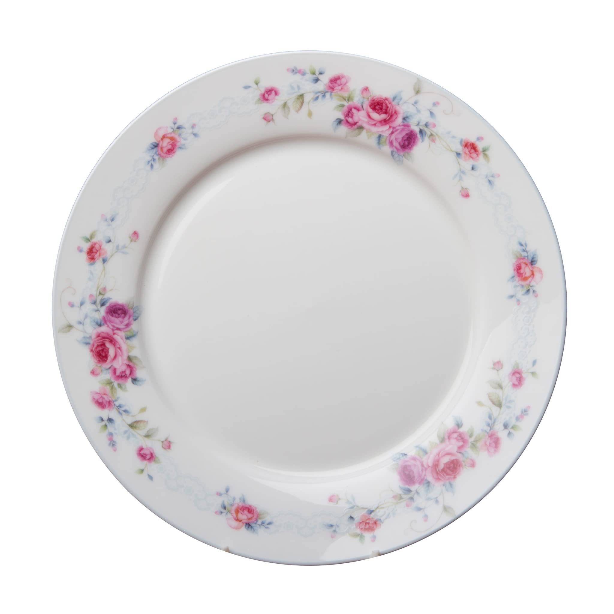 Gracie Bone China 8-Inch Dessert and Salad Plates Set of 4 - Pink and Blue Floral Charm Border, Elegant Claudia's Garden Design for Tea Parties, Weddings, and Special Occasions
