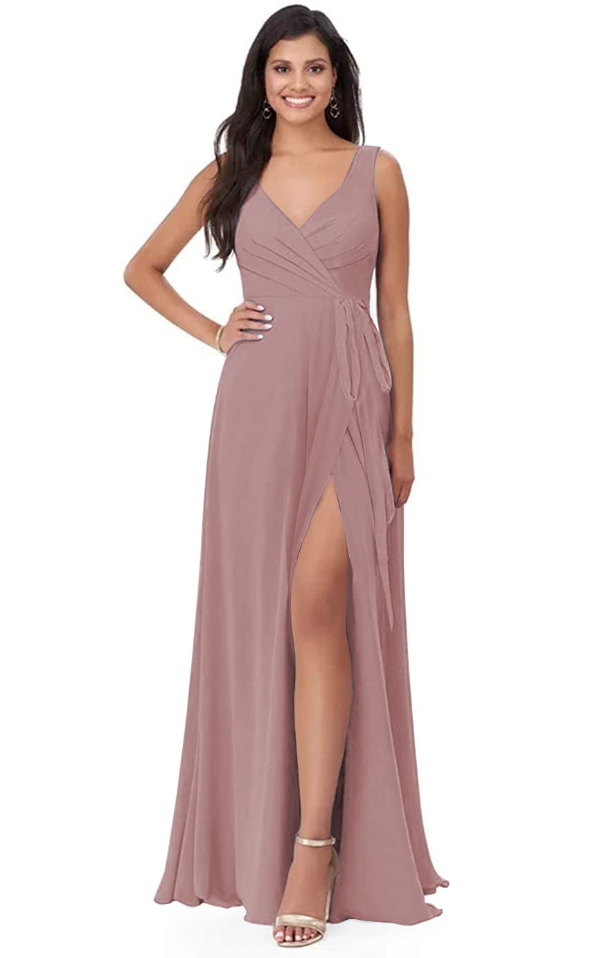 Elegant Split V-Neck Chiffon Bridesmaid Dress - Long A-Line Formal Evening Gown with Pleated Detail & Adjustable Belt | Perfect for Weddings, Prom, Cocktail Parties & Special Occasions
