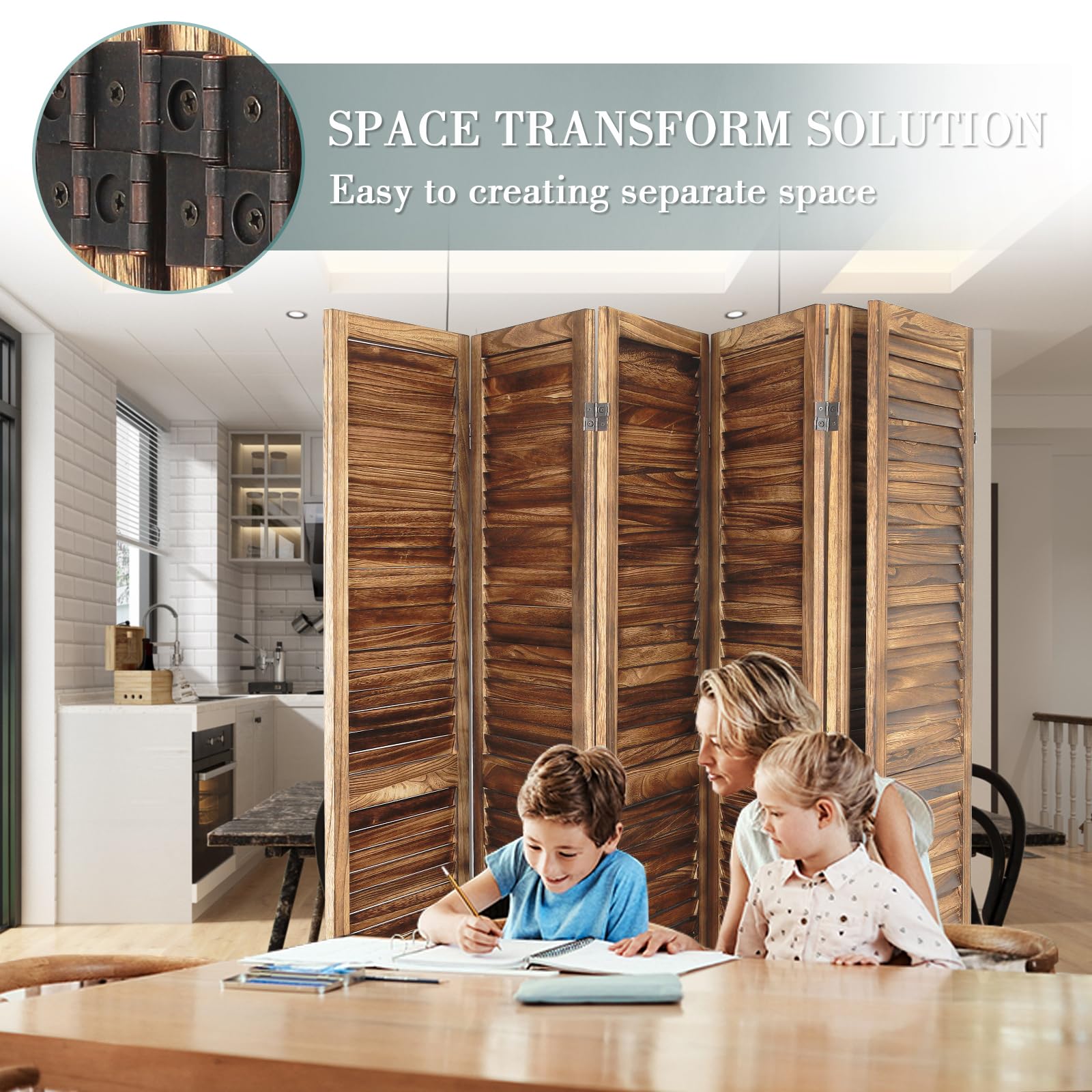 ECOMEX 6 Panel Wood Room Divider - 5.6Ft Tall Folding Privacy Screen with Louvered Design, Freestanding Partition for Home, Office, Restaurant & Bedroom (Brown) | Perfect for Creating Private Spaces, Room Separation & Decoration