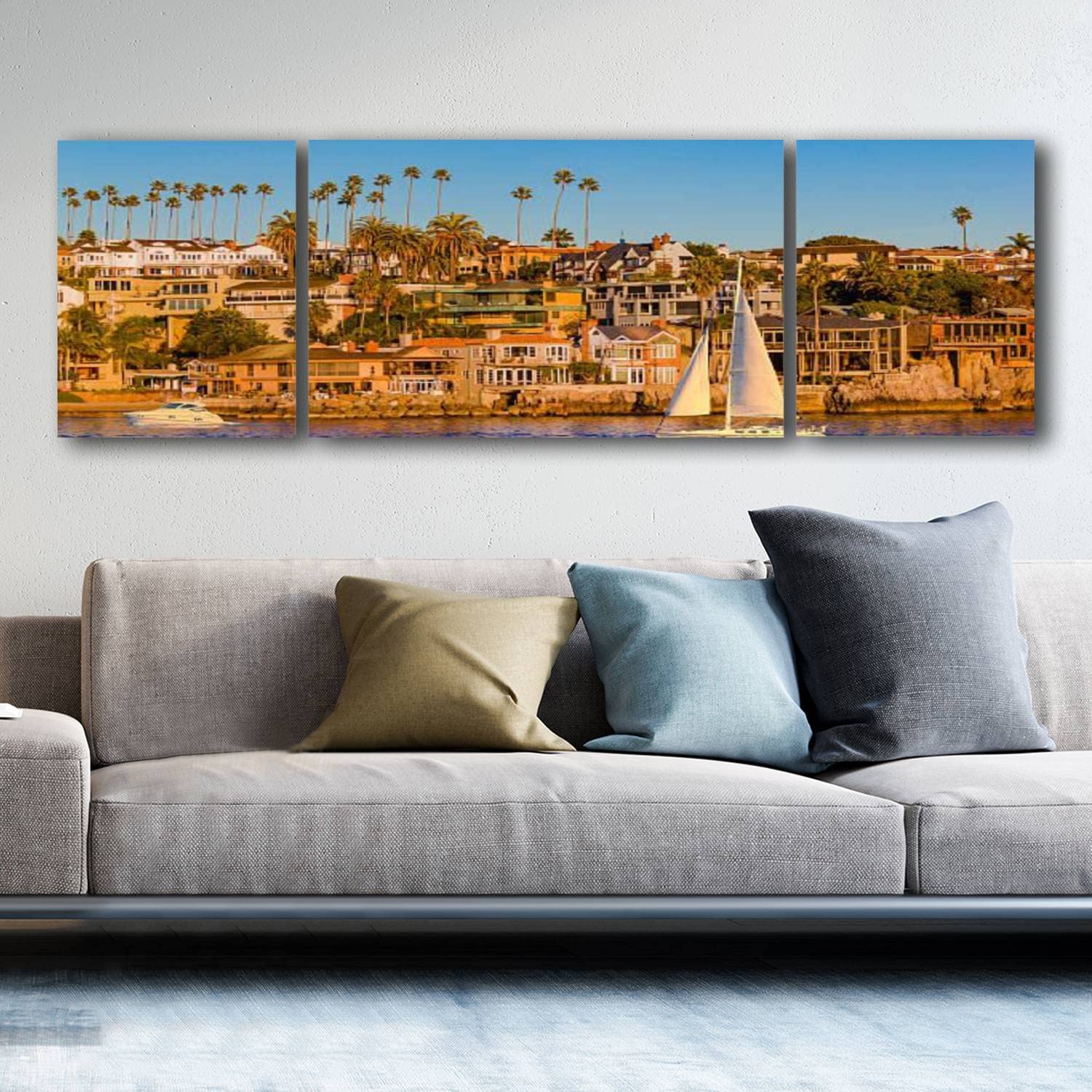 California Coast Beach Houses Framed Giclee Canvas Print - Newport Beach Wall Art for Living Room & Office Decor - 63x20 Inches - Perfect for Coastal Home & Vacation Rental Styling