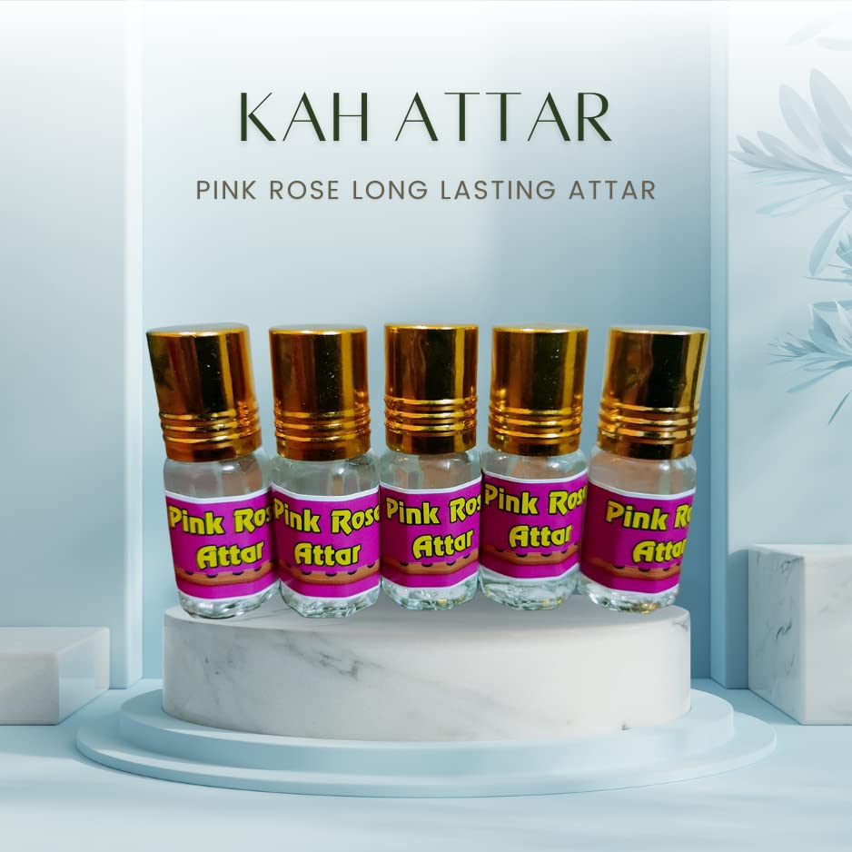 Kah Attar Pink Rose Long Lasting Perfume Oil - 5 Bottles (3ml Each) for Men & Women | Romantic Date, Wedding & Special Occasion Fragrance
