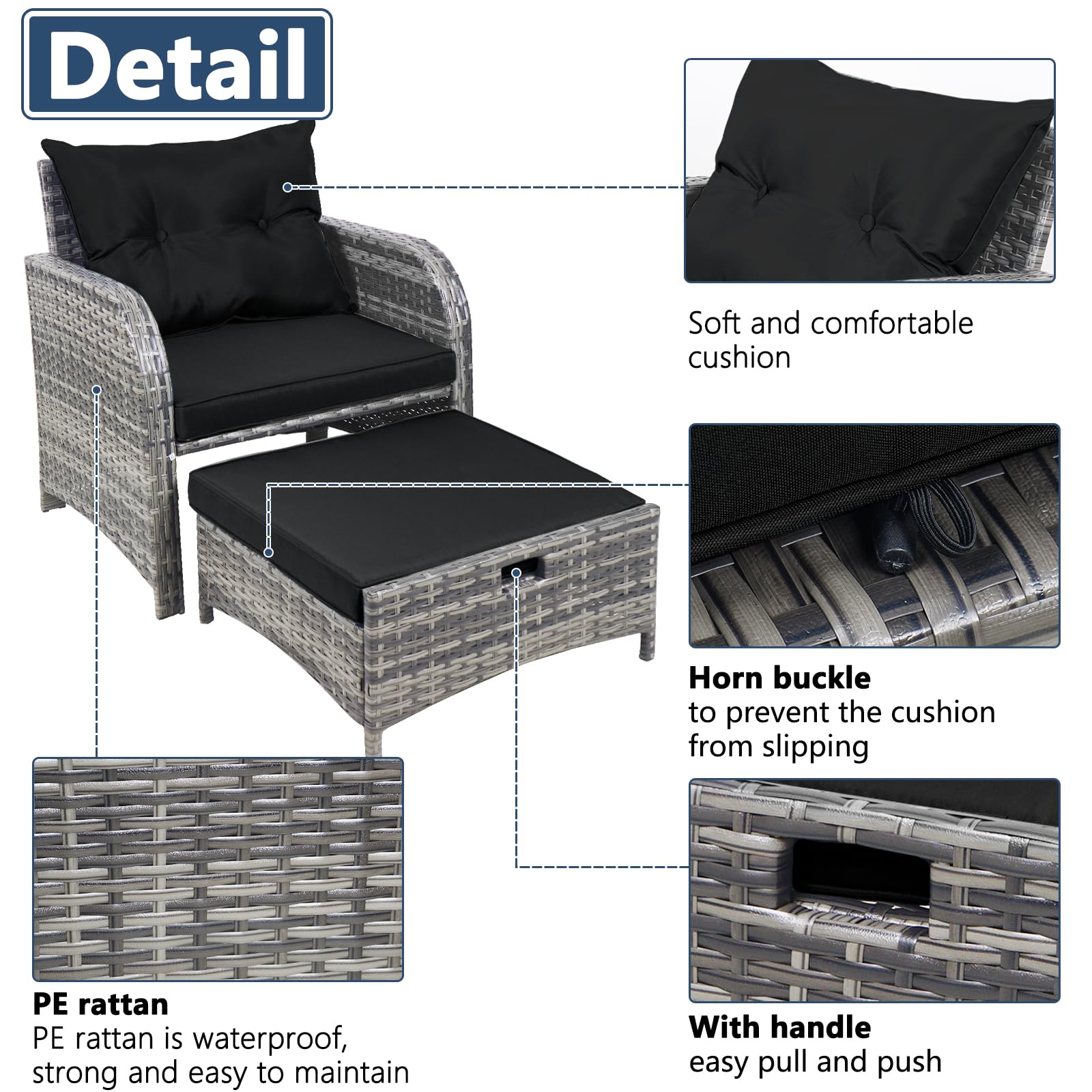 5-Piece PE Wicker Outdoor Patio Furniture Set with Ottoman & Side Table - All-Weather Rattan Chairs for Porch, Balcony, Sunroom - Perfect for Relaxing, Entertaining & Lounging (Black)