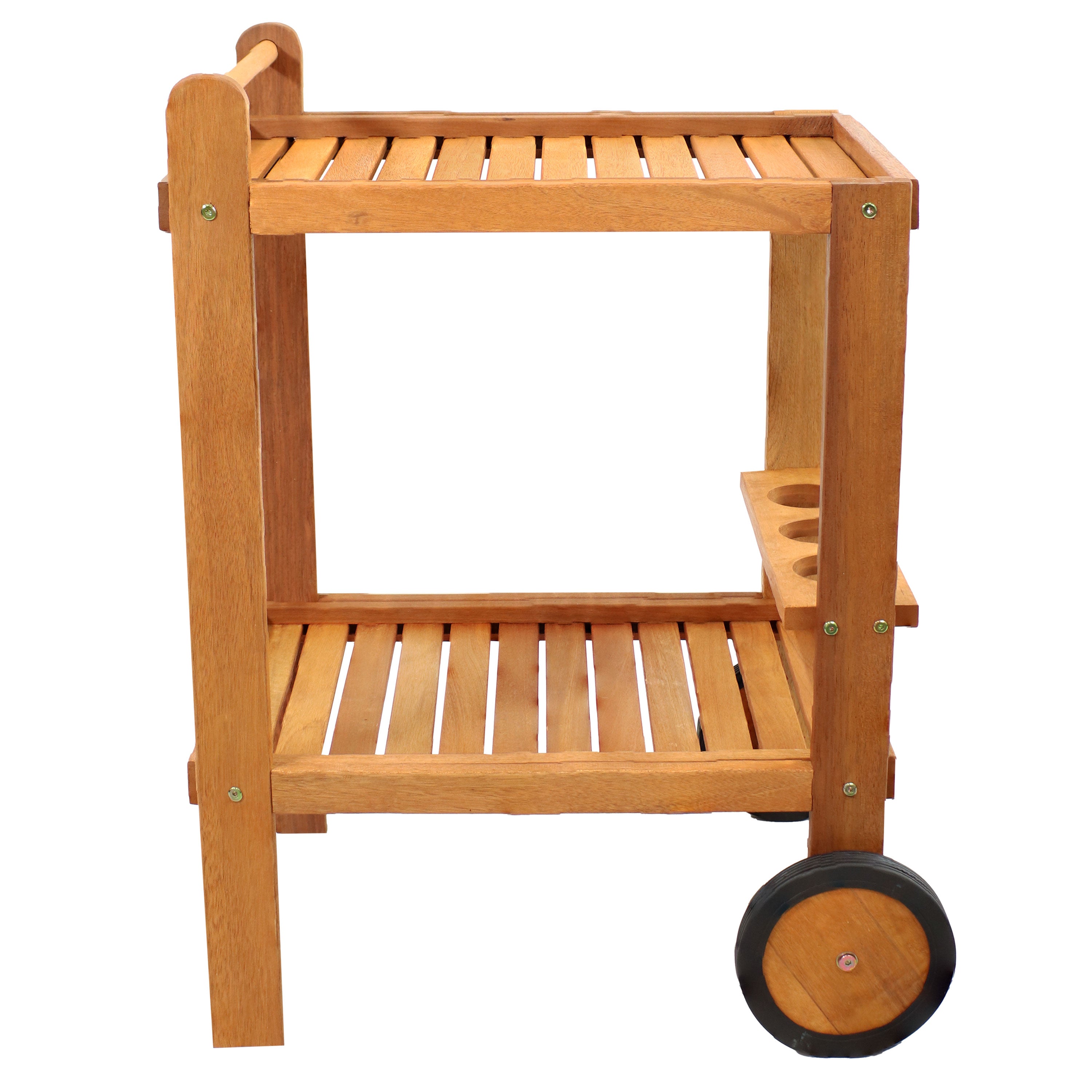 Sunnydaze Outdoor Wood Bar Cart with Wheels - Malaysian Hardwood Rolling Drink Cart for Patio, Garden, Poolside & Backyard Entertaining