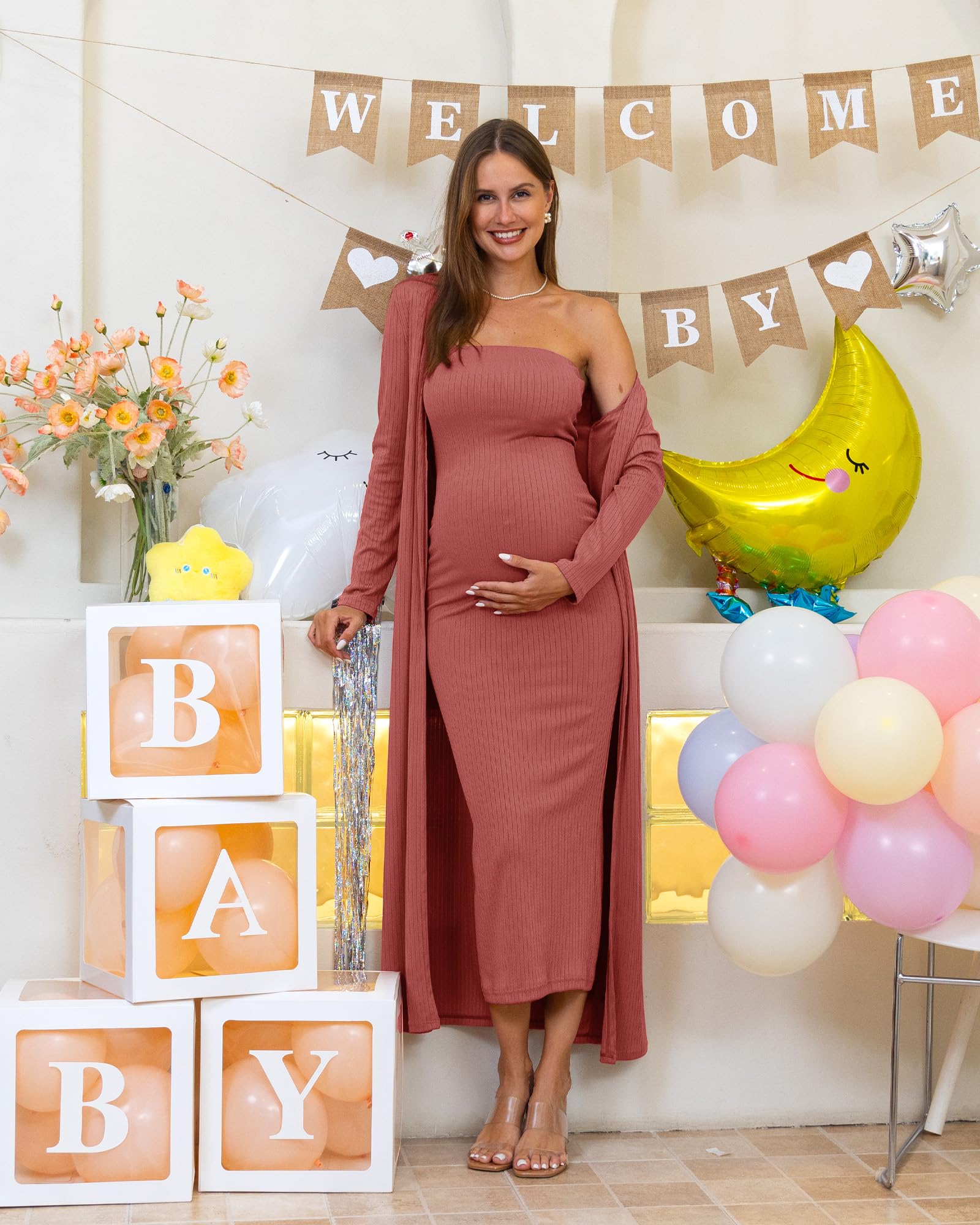 RNXRBB 2-Piece Maternity Dress Set - Nursing Cardigan & Tube Dress for Baby Shower, Wedding Guest, Summer Pregnancy Outfits | Gender Reveal Photoshoot & Maternity Photos | Comfortable Long Dress for Expecting Moms