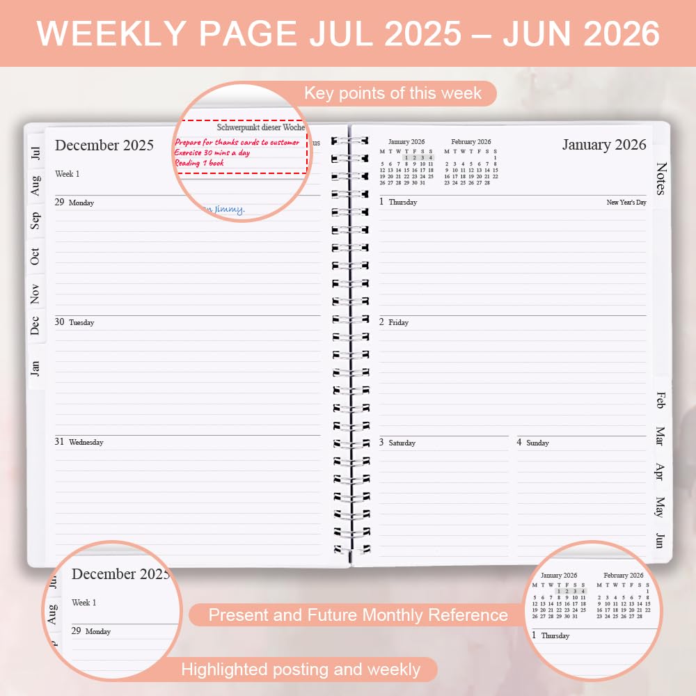 2025-2026 A5 Weekly & Monthly Planner with Tabs - July 2025 to June 2026 Academic Diary - Twin-Wire Binding for Easy Organization - 14.8×21cm (5.8×8.3in) - Perfect for Students, Professionals & Home Office Use