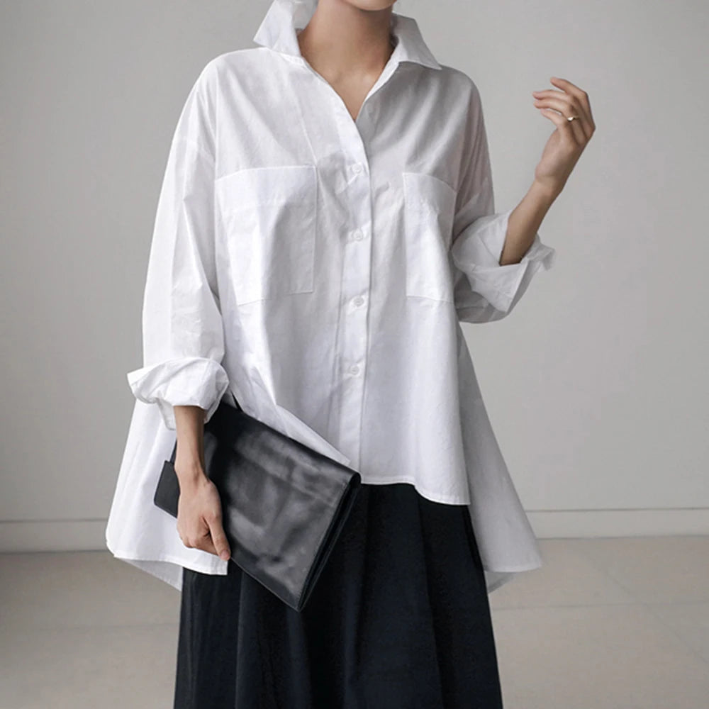 Batwing Sleeve Casual Shirt for Women - Long Sleeve Blouse with Big Pockets, Korean Fashion Tops for Summer | Perfect for Office Wear, Date Night & Casual Outfits